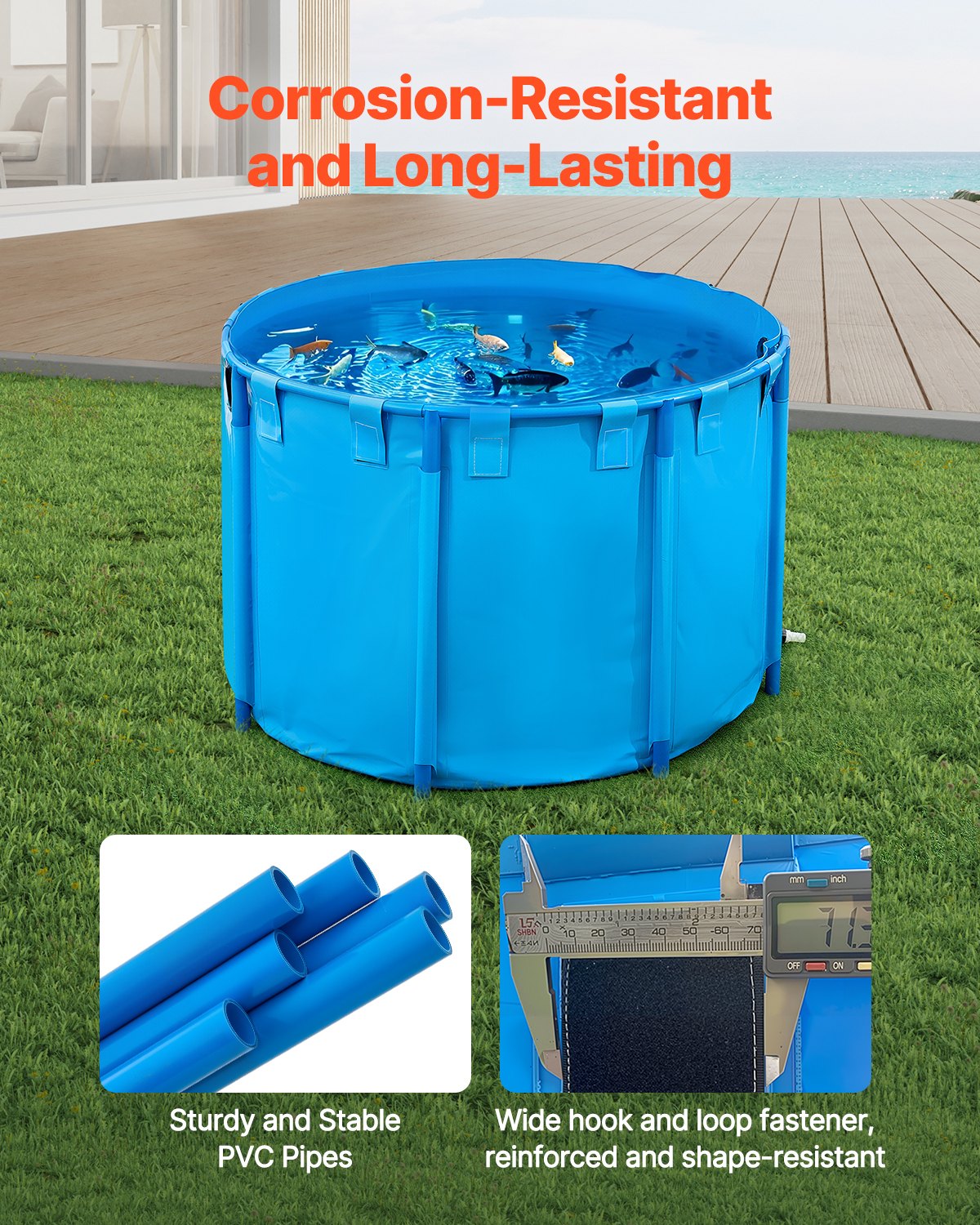 Canvas Fish Pond 1700L, Foldable PVC Koi Tank with Frame & Drain Valve, Blue