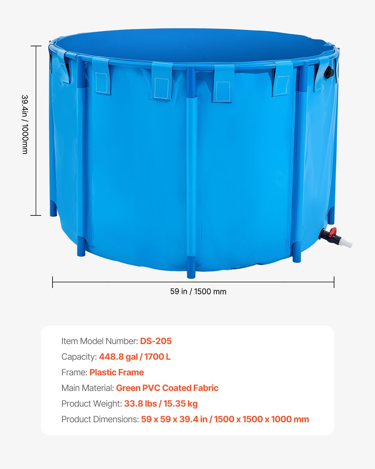 Canvas Fish Pond 1700L, Foldable PVC Koi Tank with Frame & Drain Valve, Blue