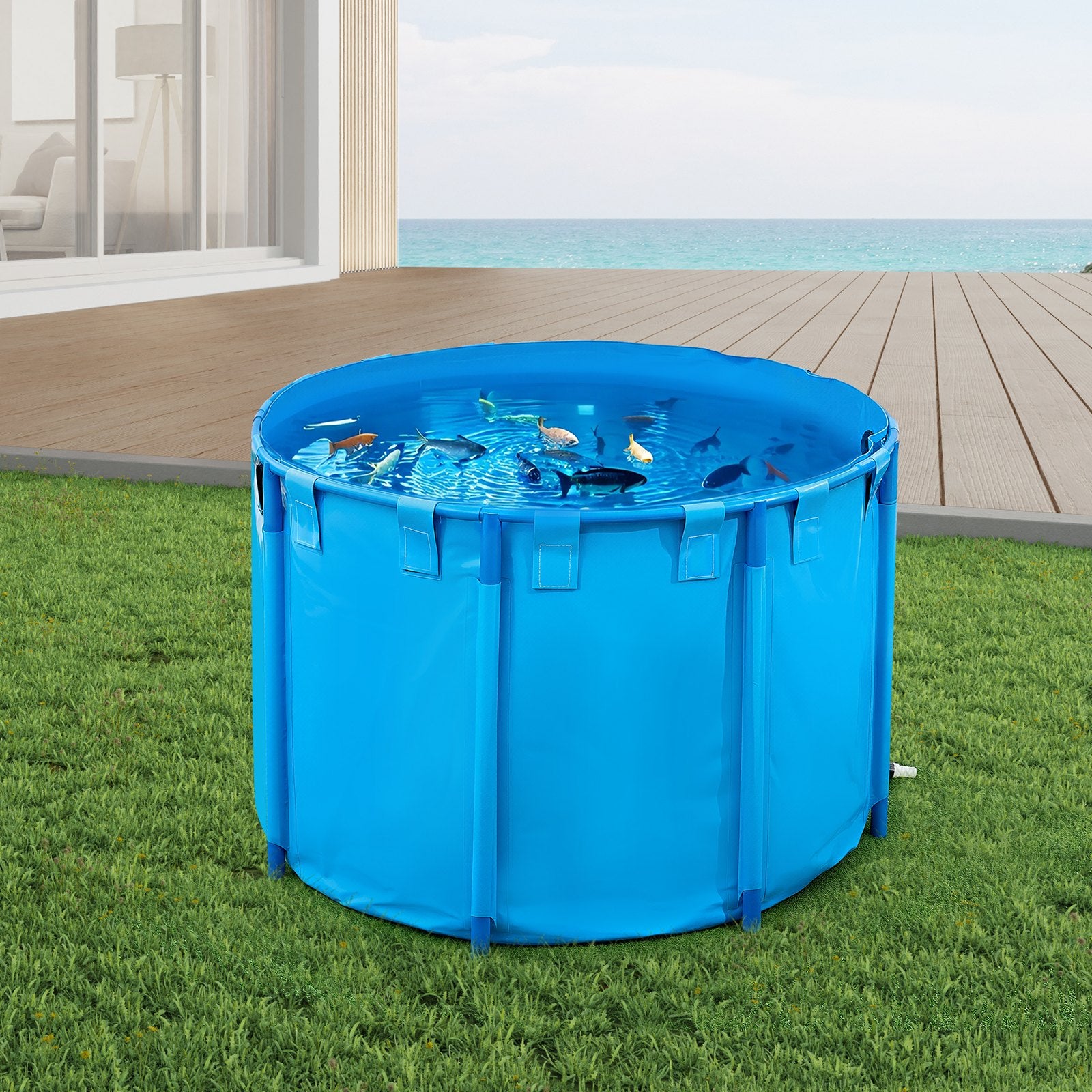 Canvas Fish Pond 1700L, Foldable PVC Koi Tank with Frame & Drain Valve, Blue