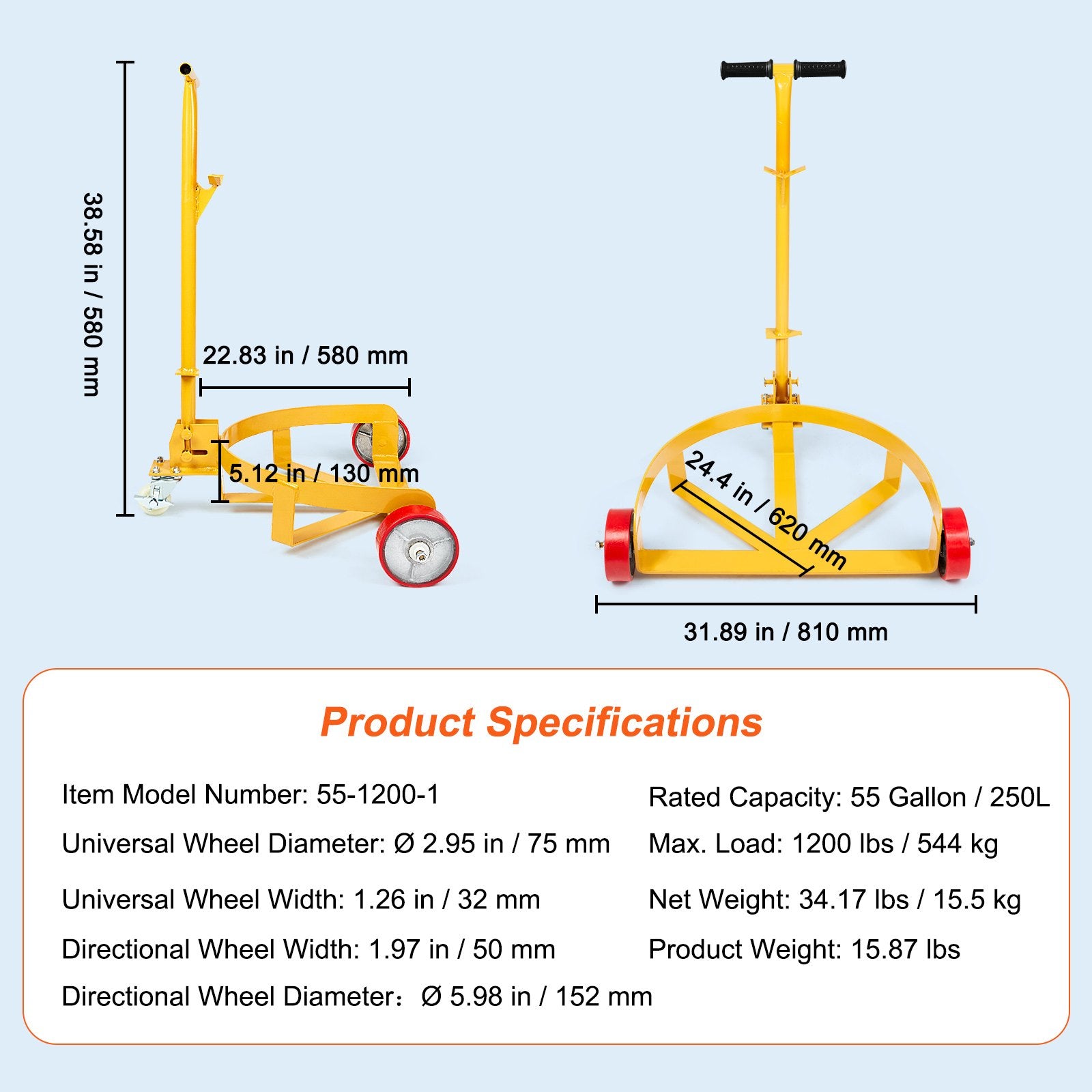 Drum Dolly 250L 544 kg Load Capacity Steel Round Caddy Heavy Duty 3 Wheels