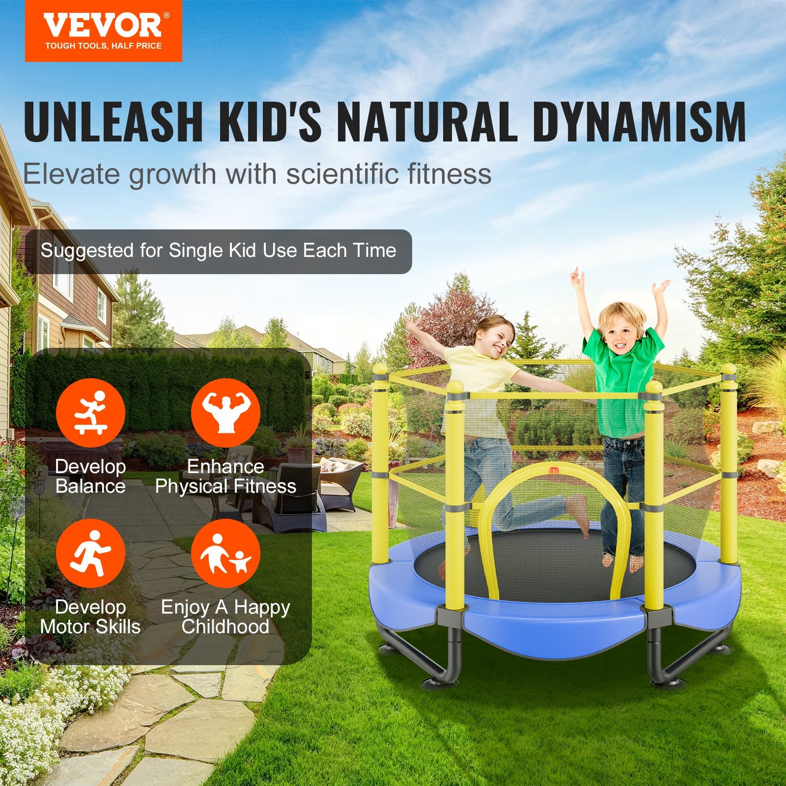 5FT Kids Trampoline 60" Indoor Outdoor with Safety Net, Basketball Hoop & Balls