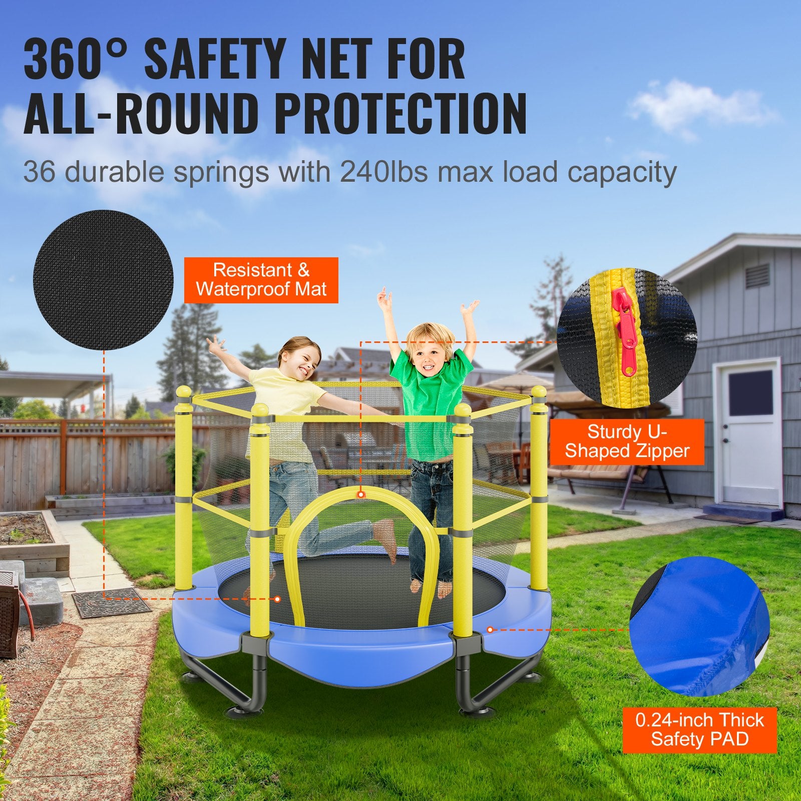 5FT Kids Trampoline 60" Indoor Outdoor with Safety Net, Basketball Hoop & Balls