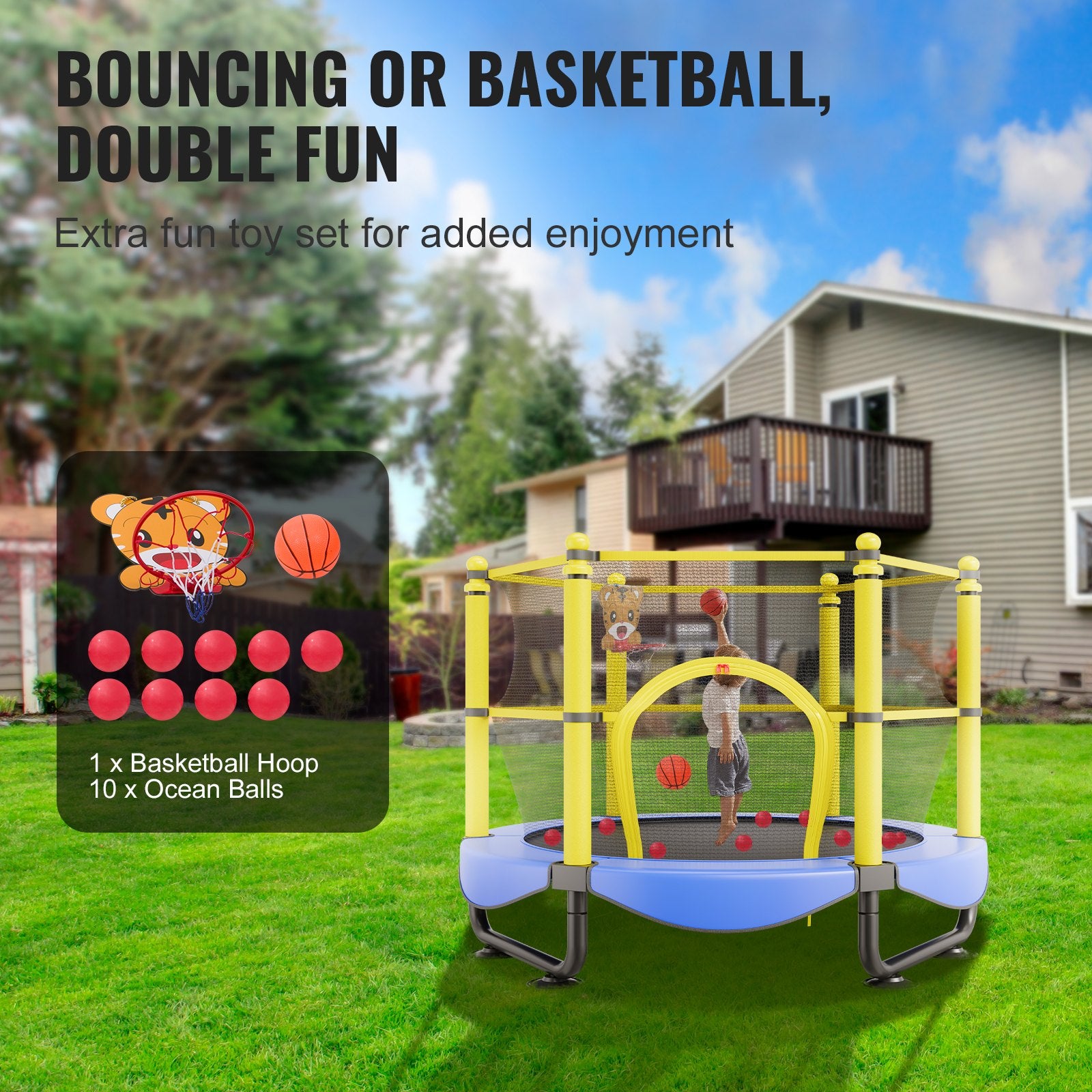 5FT Kids Trampoline 60" Indoor Outdoor with Safety Net, Basketball Hoop & Balls