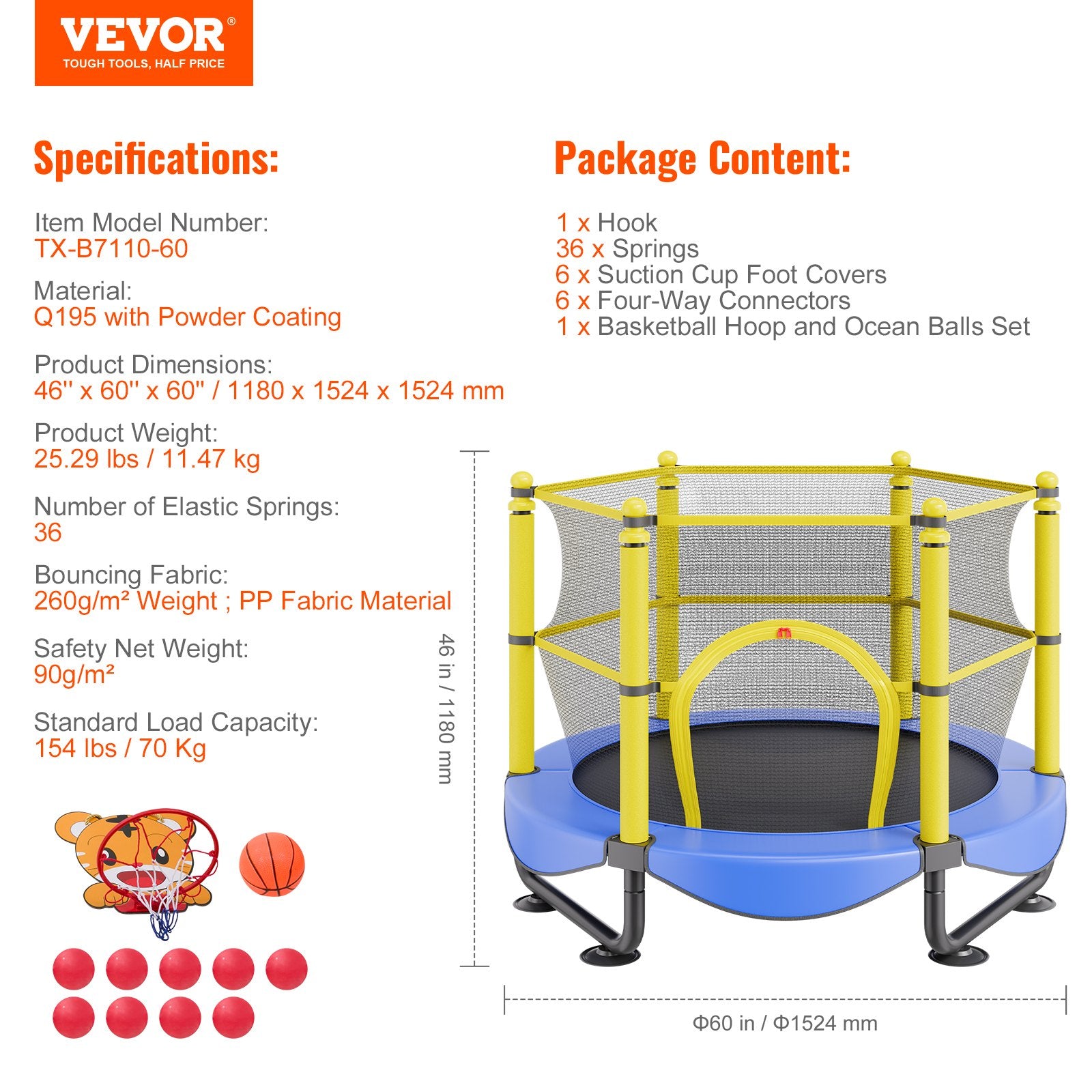 5FT Kids Trampoline 60" Indoor Outdoor with Safety Net, Basketball Hoop & Balls