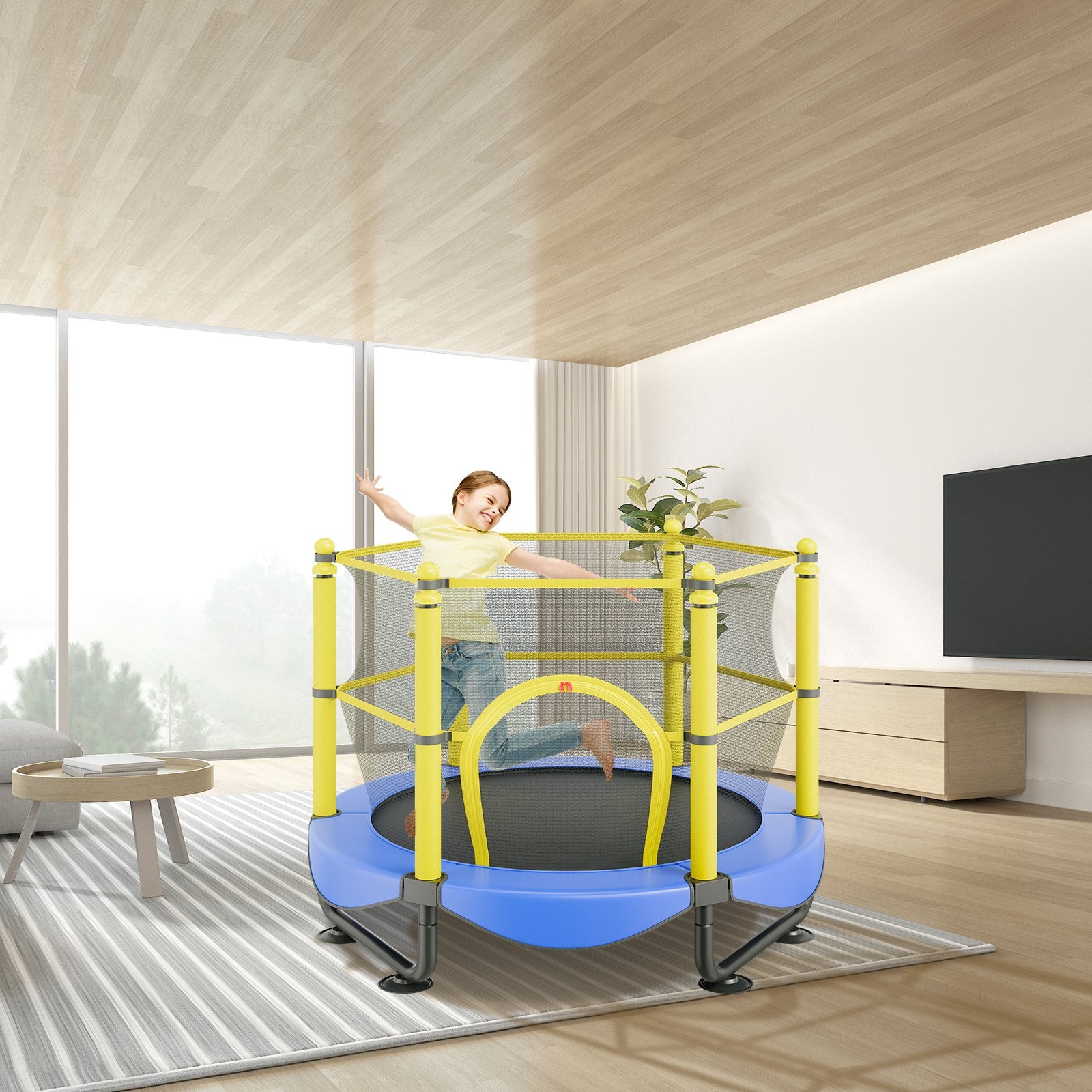 5FT Kids Trampoline 60" Indoor Outdoor with Safety Net, Basketball Hoop & Balls
