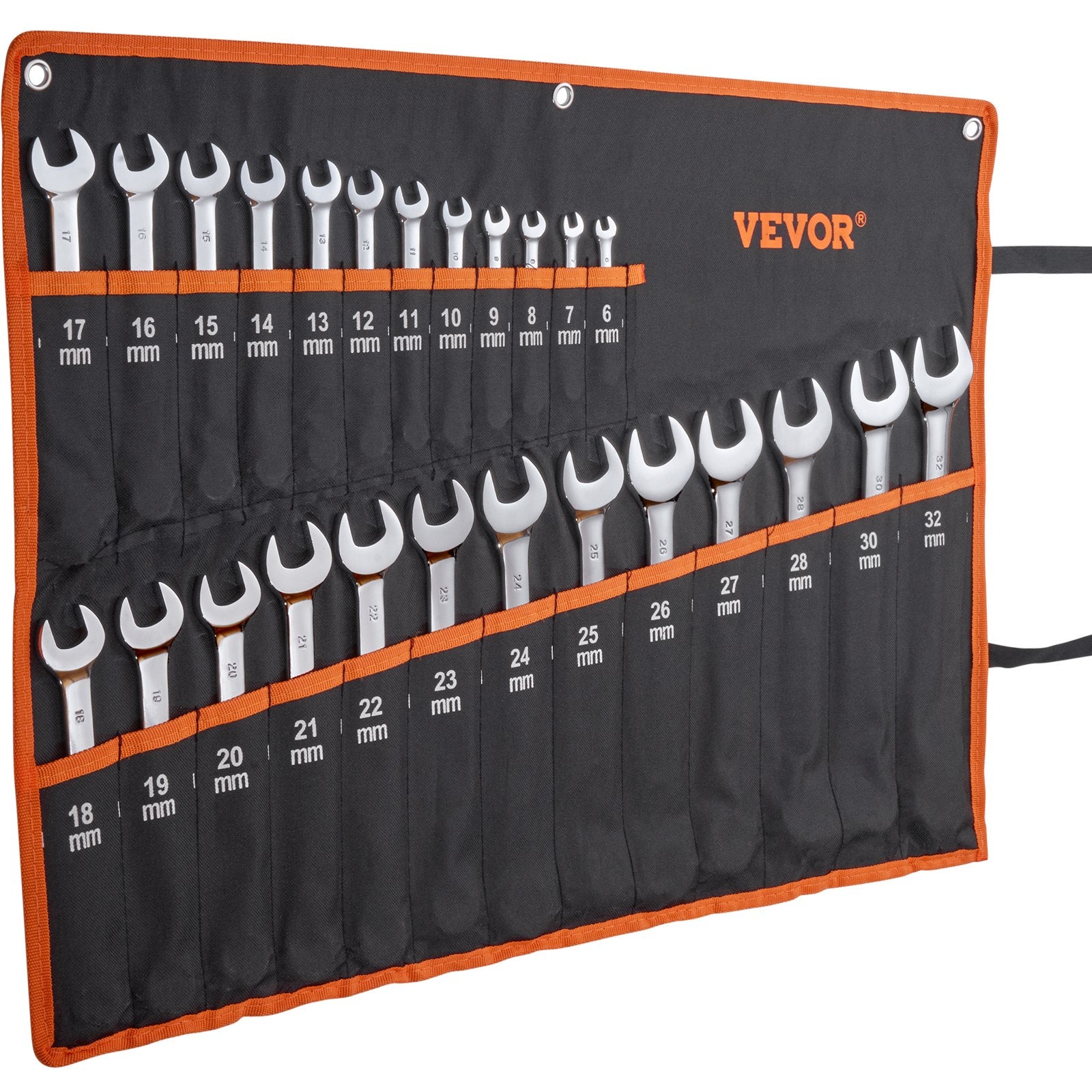 Combination Wrench Set, 25-Piece Metric 6-32mm with Roll-Up Pouch, Carbon Steel