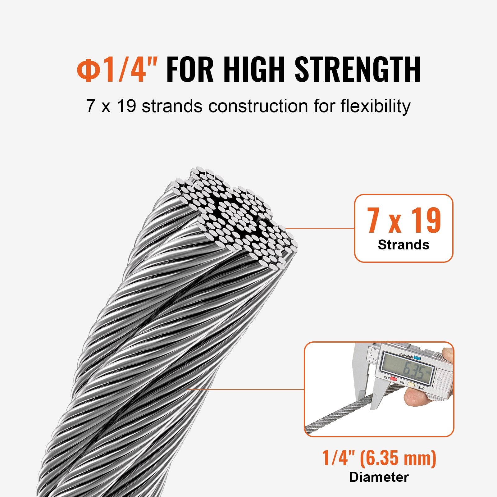 Wire Rope 6.35mm 76.2m Zinc Galvanized Carbon Steel Cable with Gloves 31.1KN