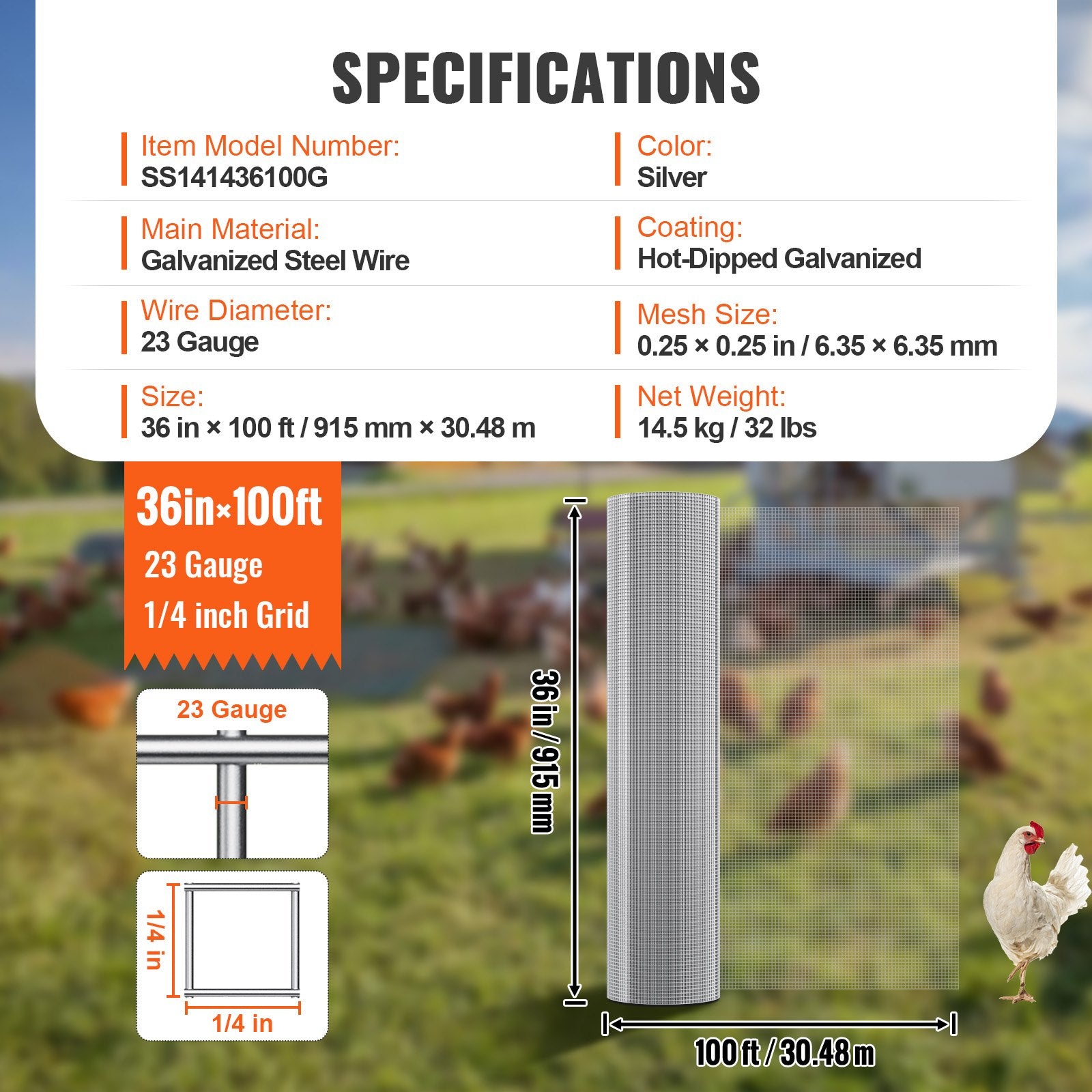 Hardware Cloth 1/4 in 36 in x 100 ft 23 Gauge Galvanized Wire Mesh Roll