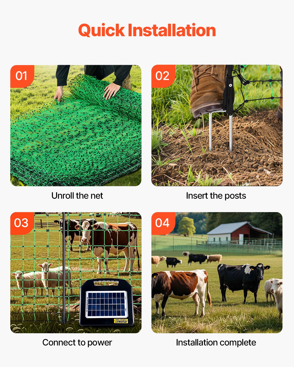 Electric Fence Netting 1.06×49.98m PE Portable Net Fence with Posts Stakes