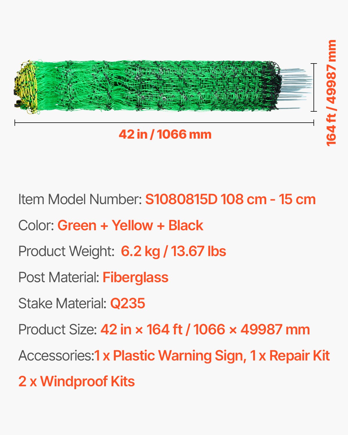 Electric Fence Netting 1.06×49.98m PE Portable Net Fence with Posts Stakes