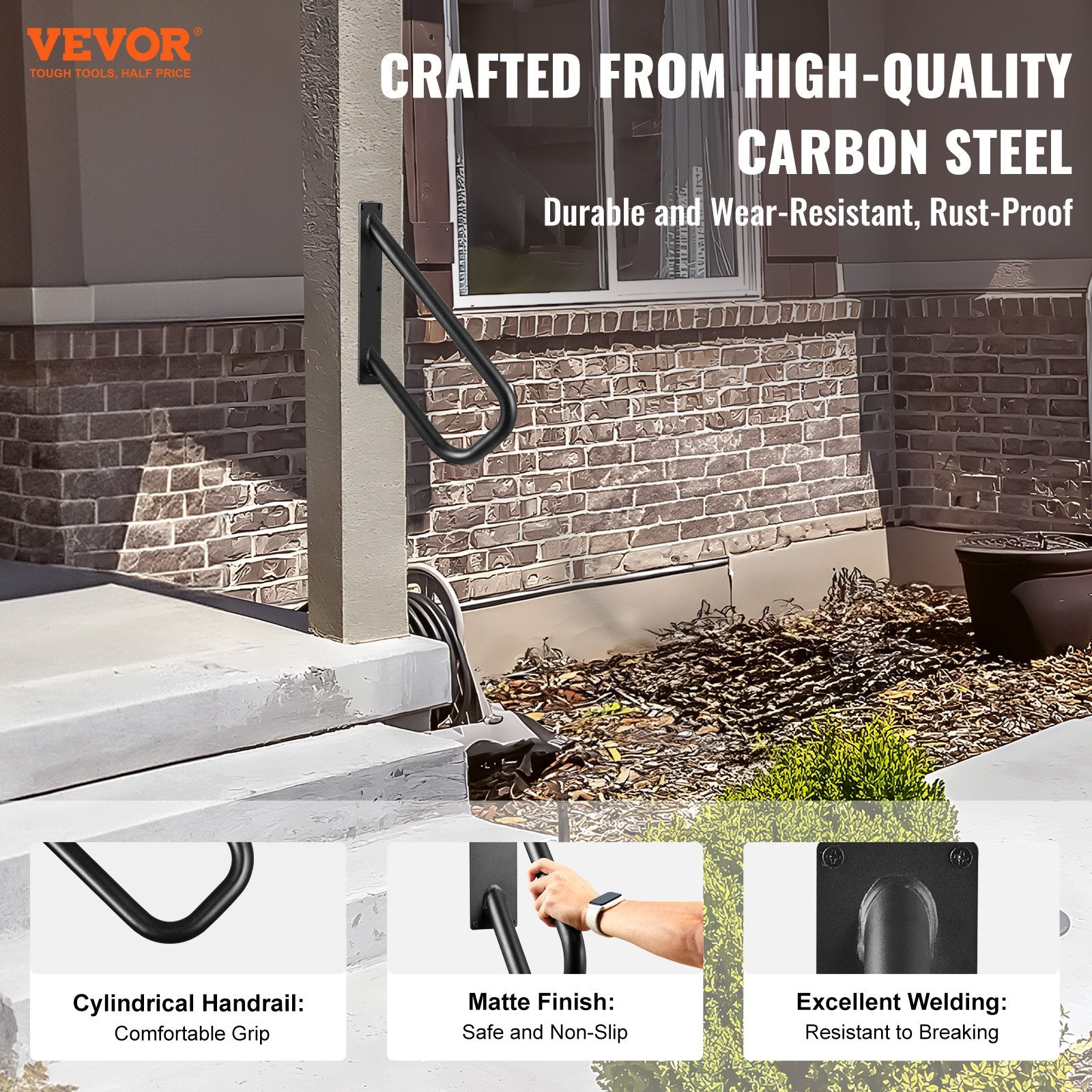 Handrails Outdoor Steps 18.9 Wall Mount Safety Rail Matte Black for 1-2 Steps