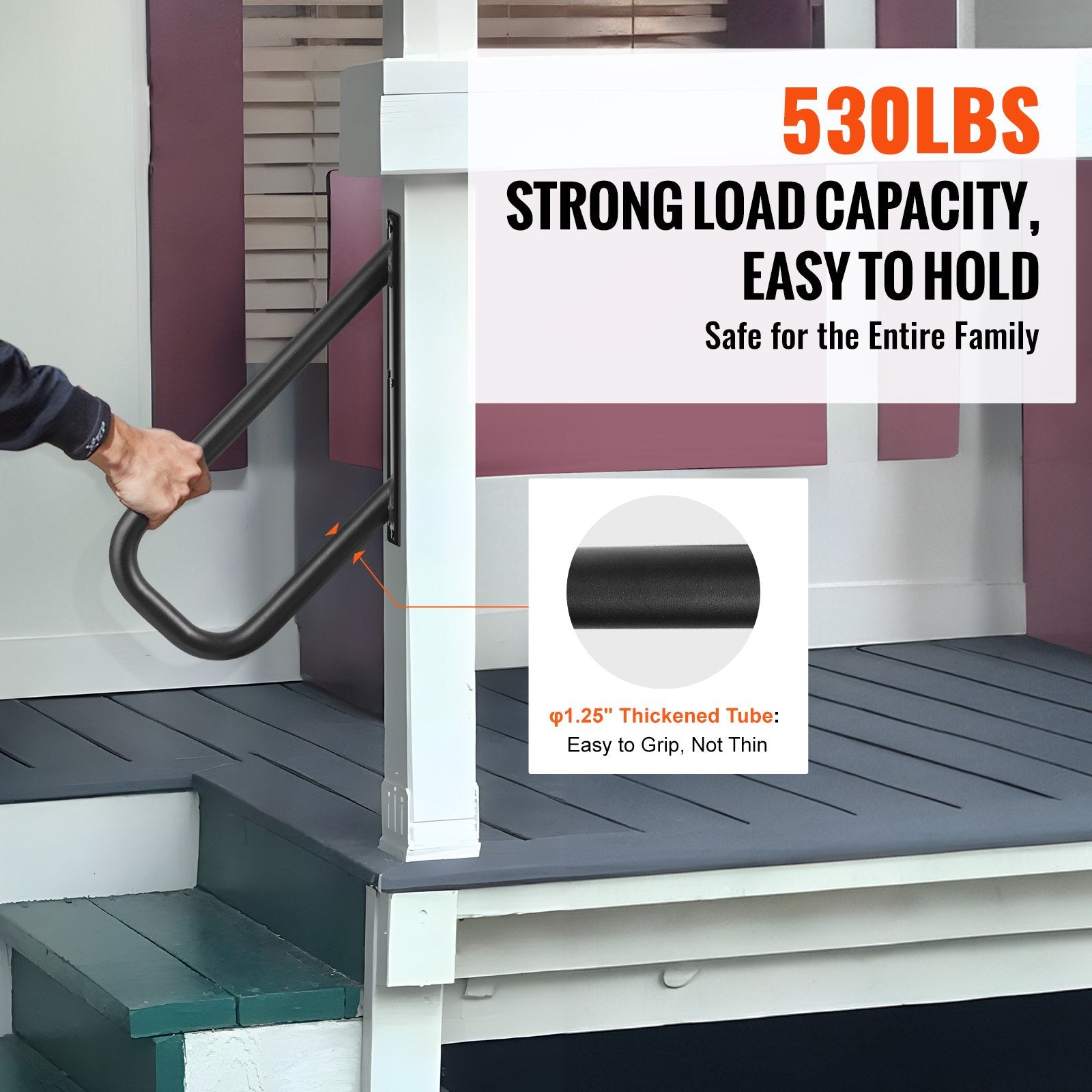 Handrails Outdoor Steps 18.9 Wall Mount Safety Rail Matte Black for 1-2 Steps