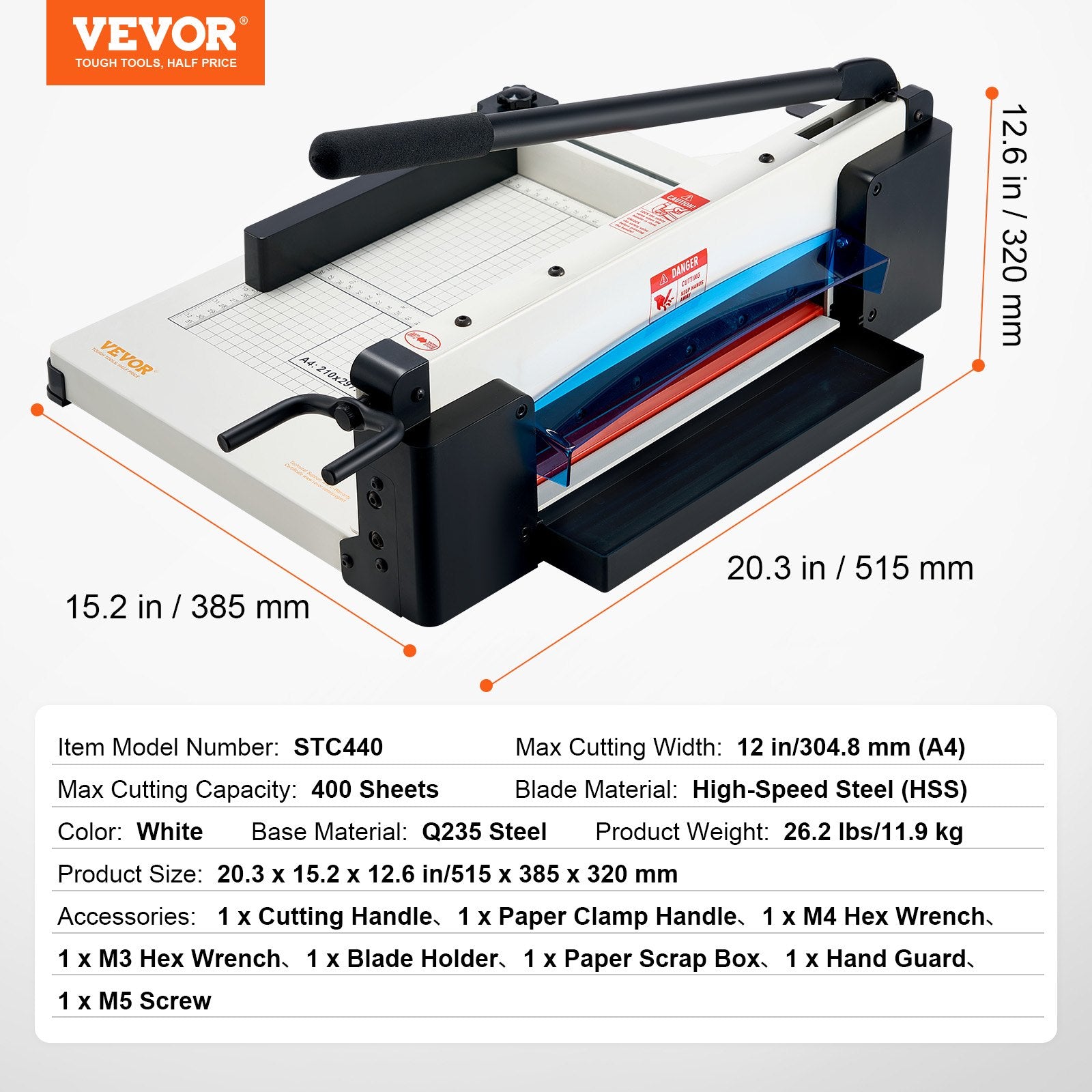 Heavy Duty 304.8mm Guillotine Paper Cutter A4 400 Sheet Capacity Steel Base