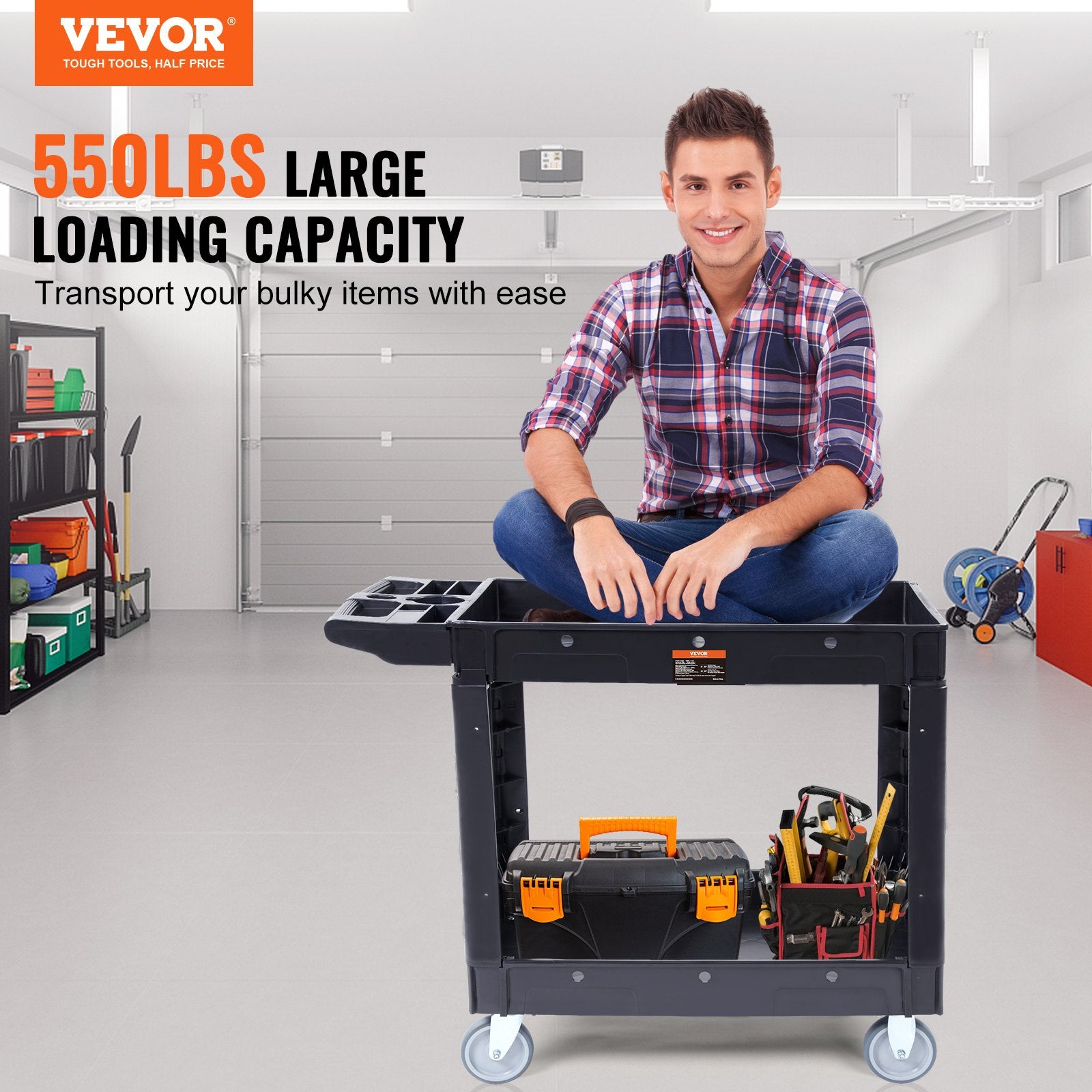 Utility Service Cart 2-Shelf 550lbs Heavy Duty Rolling Cart with Swivel Wheels