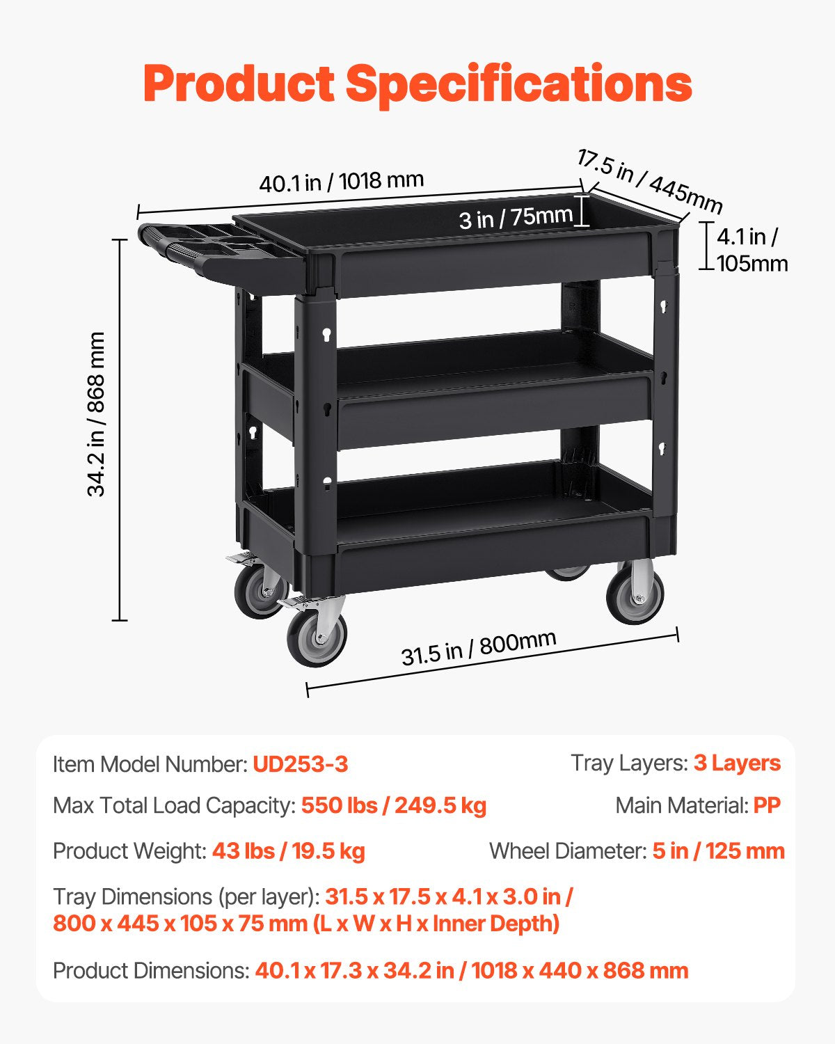 Utility Service Cart 3-Shelf 550lbs Heavy Duty Rolling Cart with Swivel Wheels