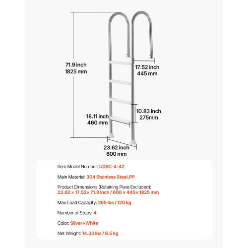 Swimming Pool Ladder 4 Step Stainless Steel Double Handrails with 120 kg Load