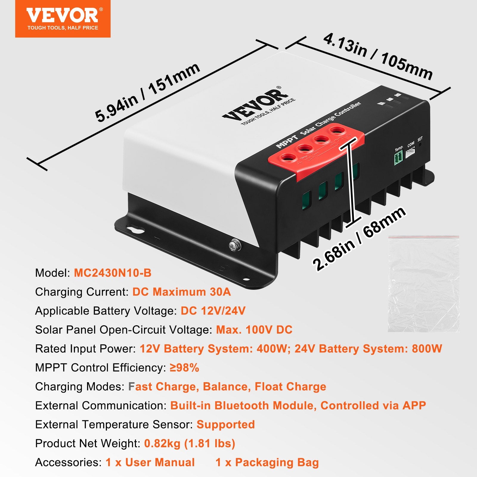 30A MPPT Solar Charge Controller Auto DC Input Regulator Charger with Bluetooth
