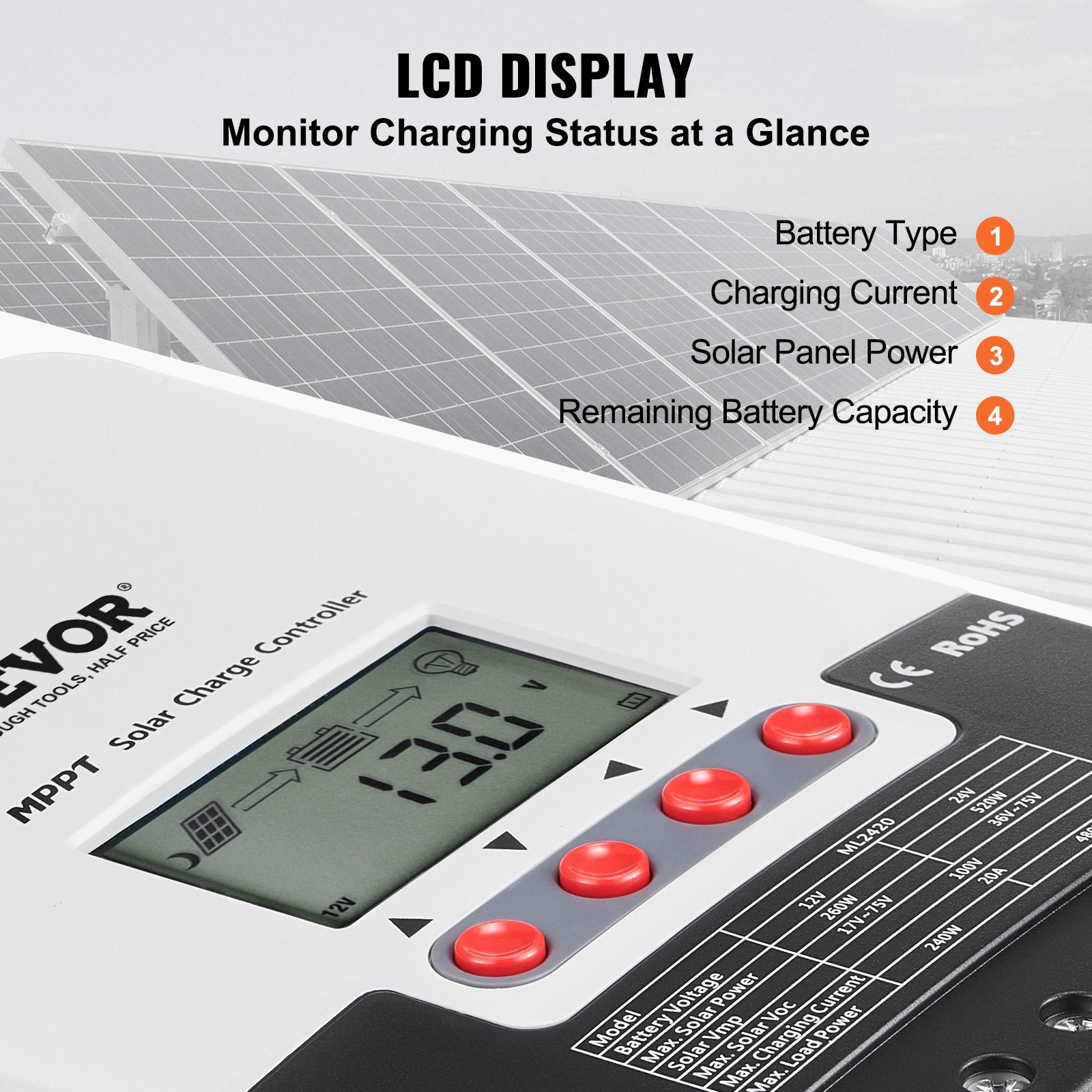 20A MPPT Solar Charge Controller Auto DC Input Regulator Charger with LCD Sensor