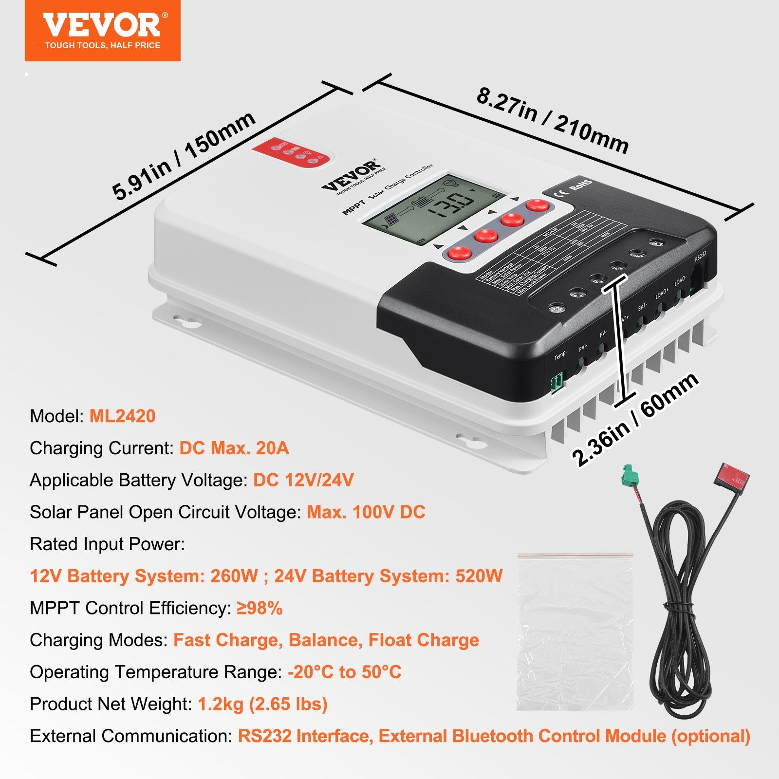20A MPPT Solar Charge Controller Auto DC Input Regulator Charger with LCD Sensor