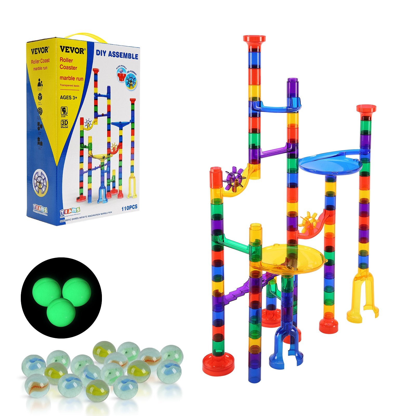 Marble Run Building Block STEM Toy Set with Glow Marbles Educational Maze Game