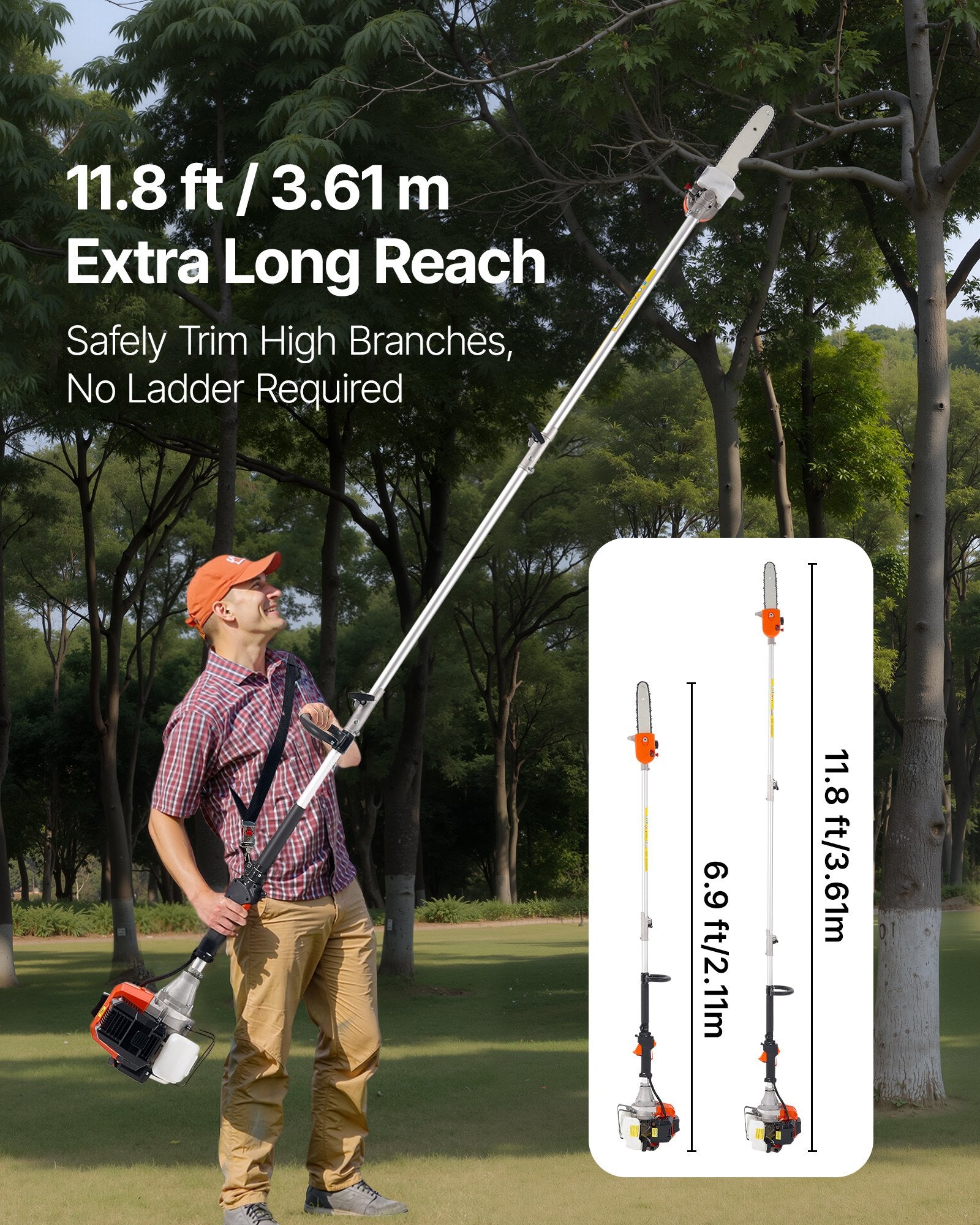 Gas Pole Saw 43CC 2-Stroke with 25.4cm Bar 2.1-3.6m Extendable Chainsaw