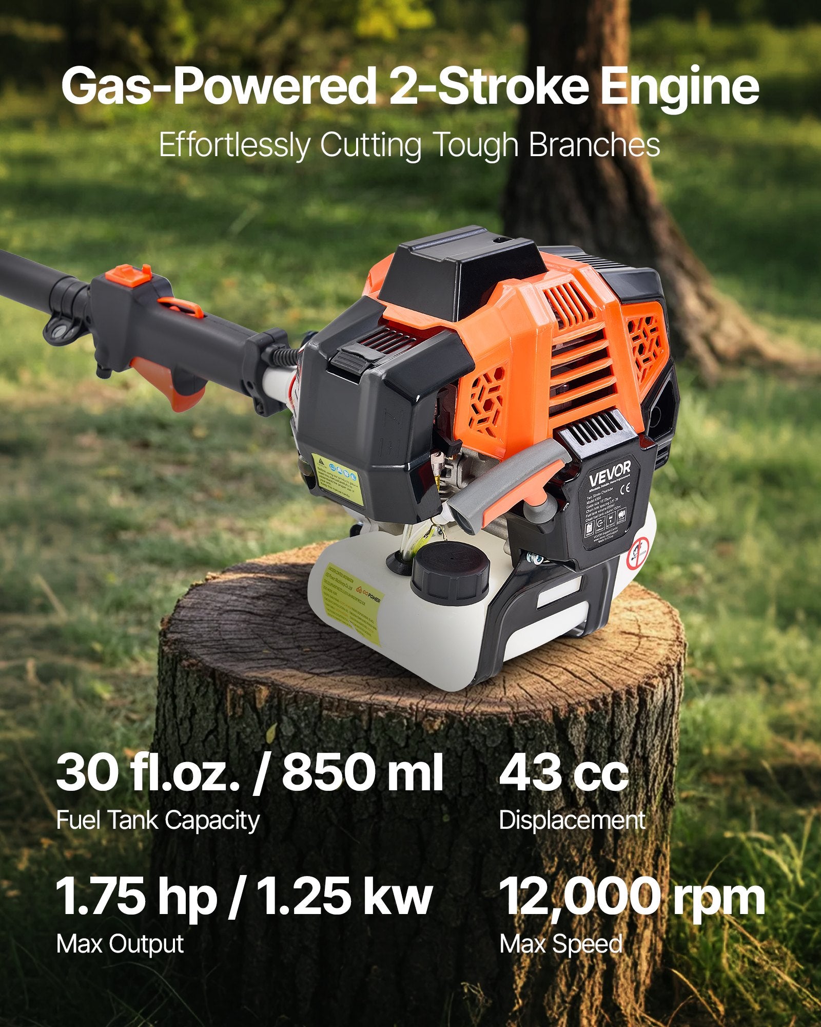 Gas Pole Saw 43CC 2-Stroke with 25.4cm Bar 2.1-3.6m Extendable Chainsaw