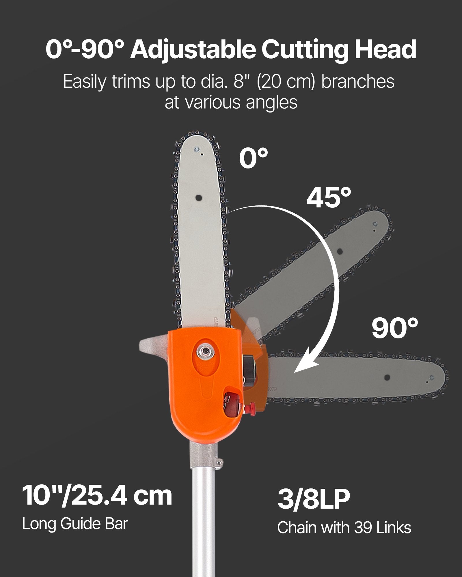 Gas Pole Saw 43CC 2-Stroke with 25.4cm Bar 2.1-3.6m Extendable Chainsaw