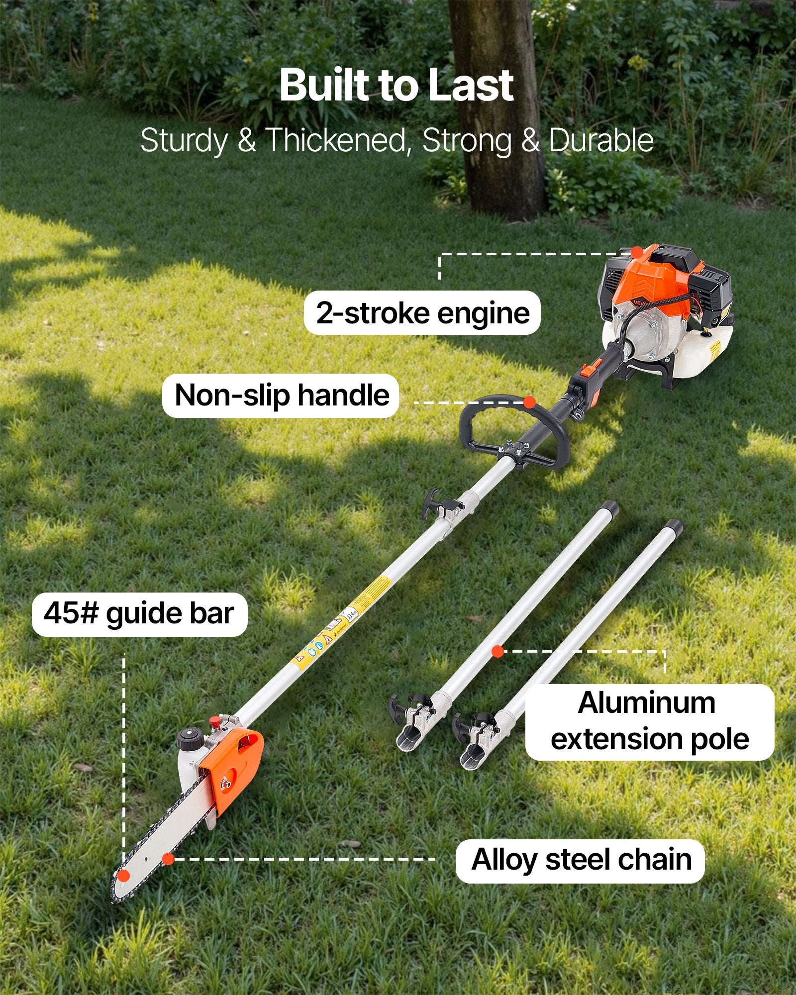 Gas Pole Saw 43CC 2-Stroke with 25.4cm Bar 2.1-3.6m Extendable Chainsaw