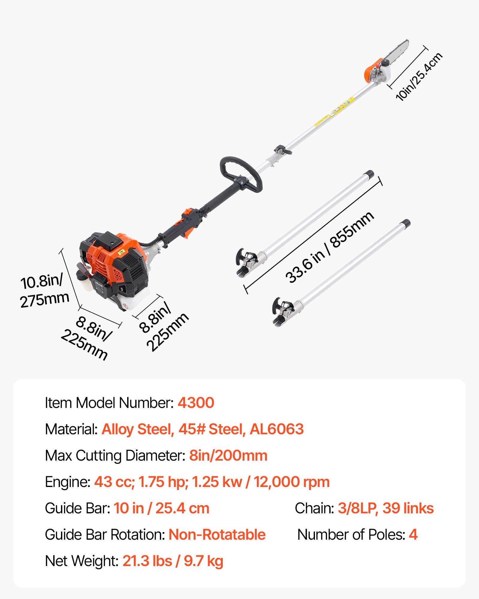 Gas Pole Saw 43CC 2-Stroke with 25.4cm Bar 2.1-3.6m Extendable Chainsaw