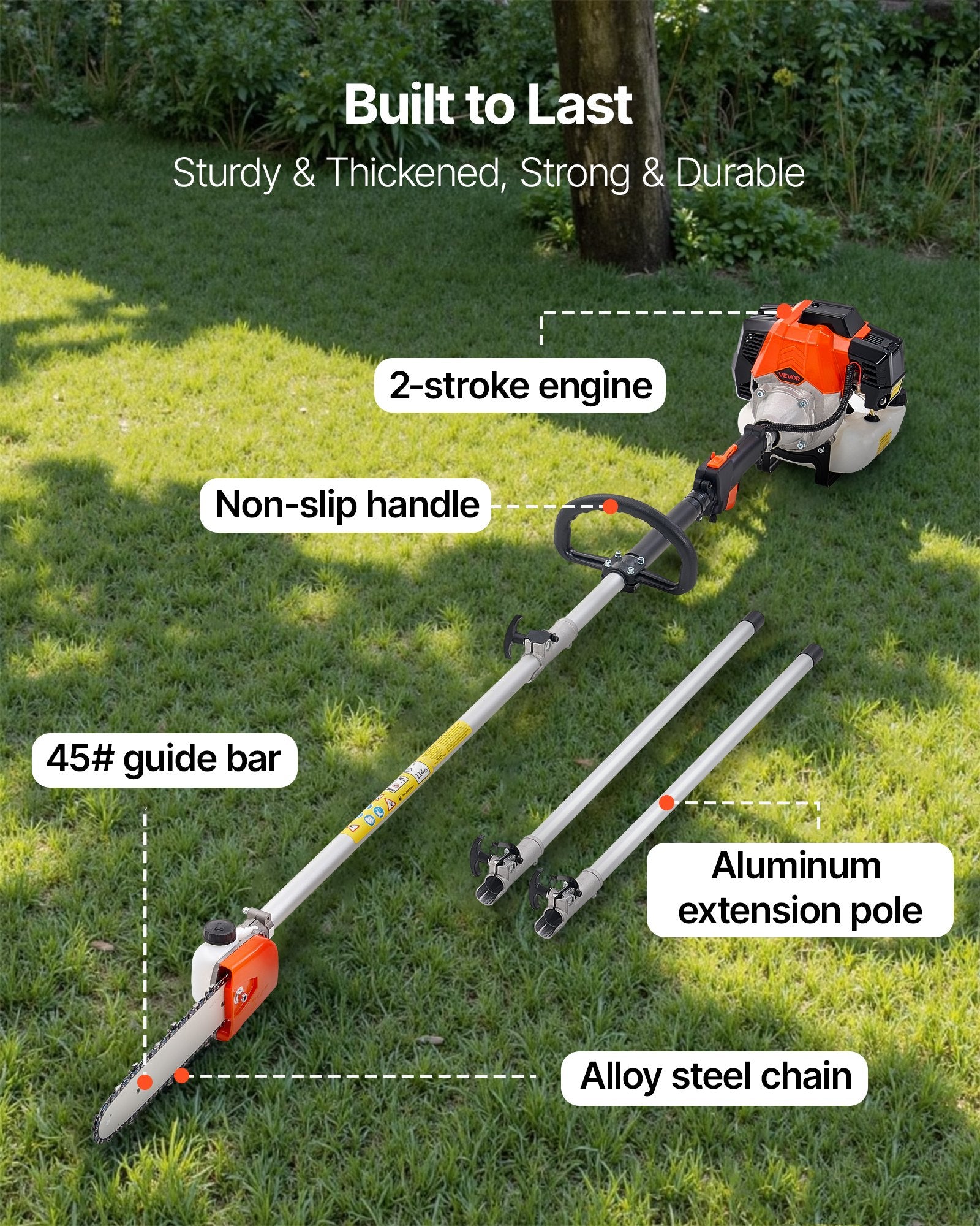 Gas Pole Saw 33CC 2-Stroke with 20.3cm Bar 2.08-3.58m Extendable Chainsaw
