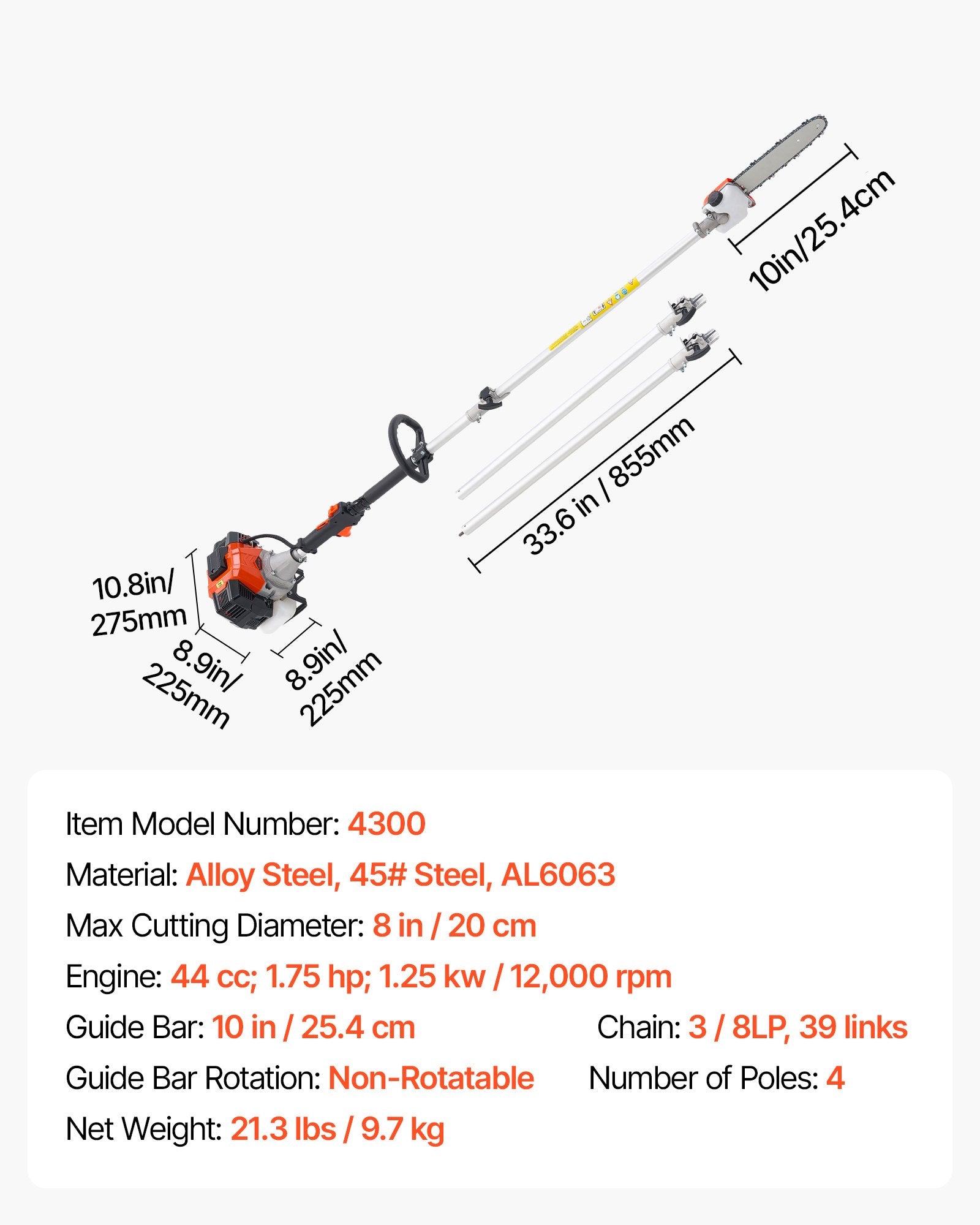 Gas Pole Saw 33CC 2-Stroke with 20.3cm Bar 2.08-3.58m Extendable Chainsaw