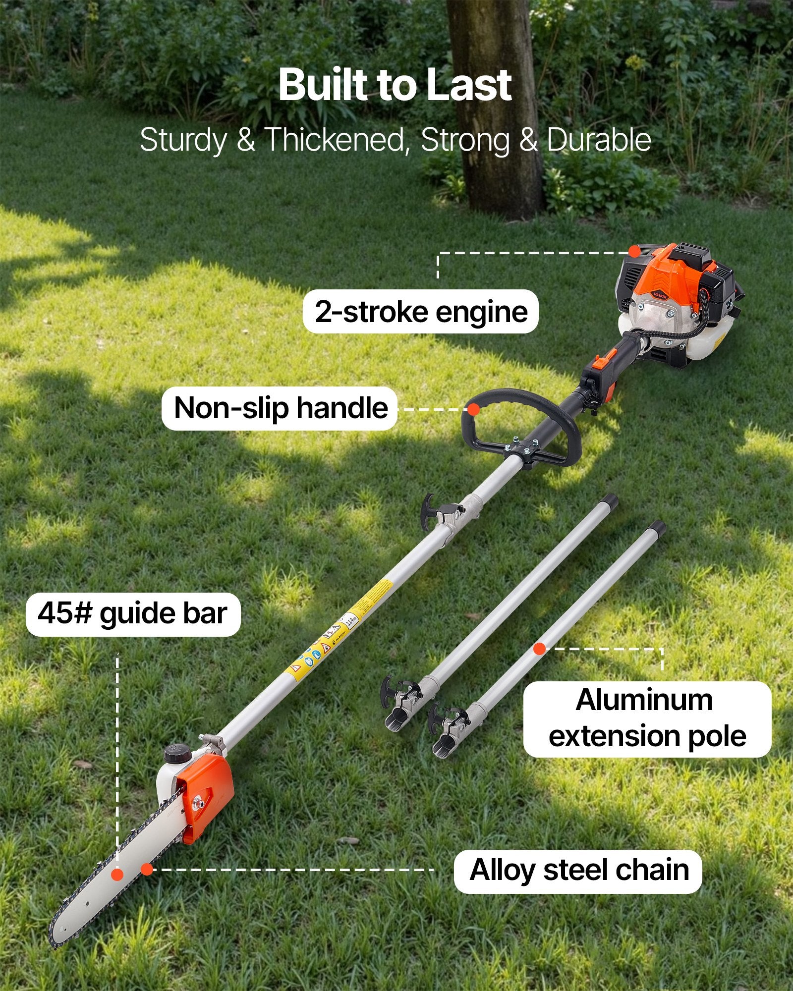 Gas Pole Saw 25CC 2-Stroke with 30.5cm Bar 2.12-3.62m Extendable Chainsaw