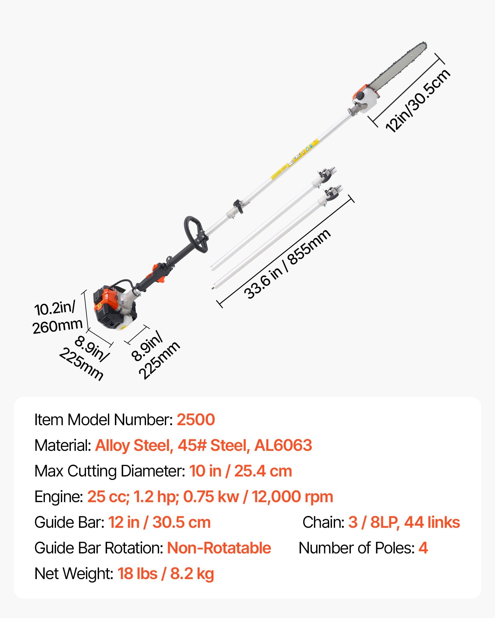 Gas Pole Saw 25CC 2-Stroke with 30.5cm Bar 2.12-3.62m Extendable Chainsaw