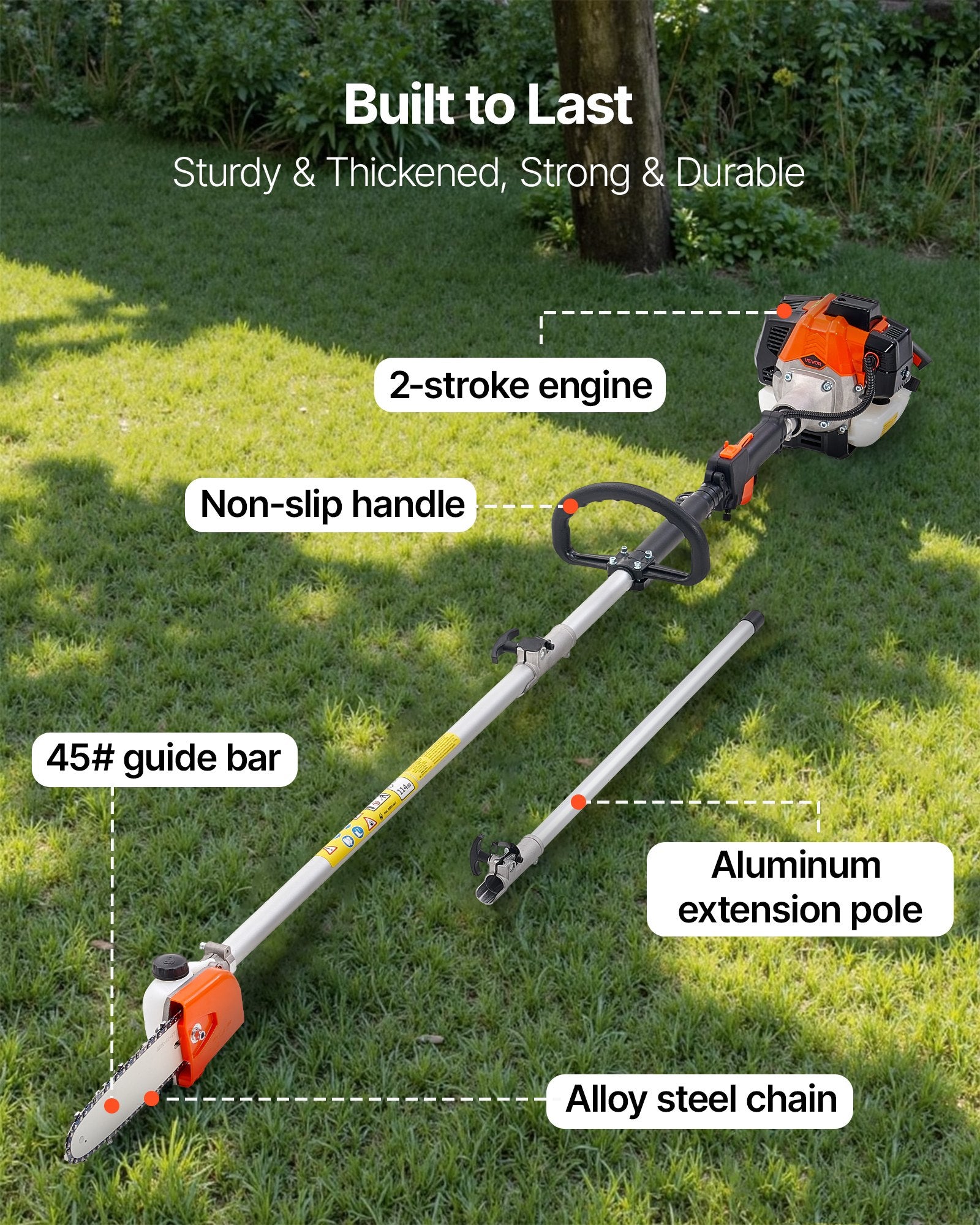 Gas Pole Saw 25CC 2-Stroke with 20.3cm Bar 2-2.74m Extendable Chainsaw