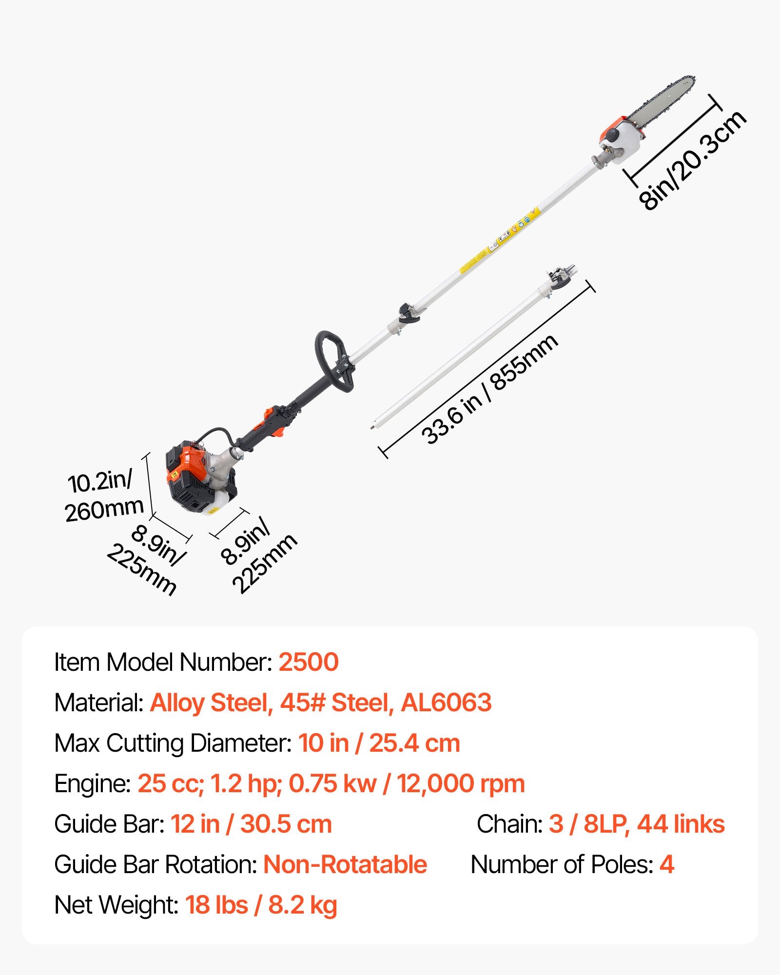 Gas Pole Saw 25CC 2-Stroke with 20.3cm Bar 2-2.74m Extendable Chainsaw