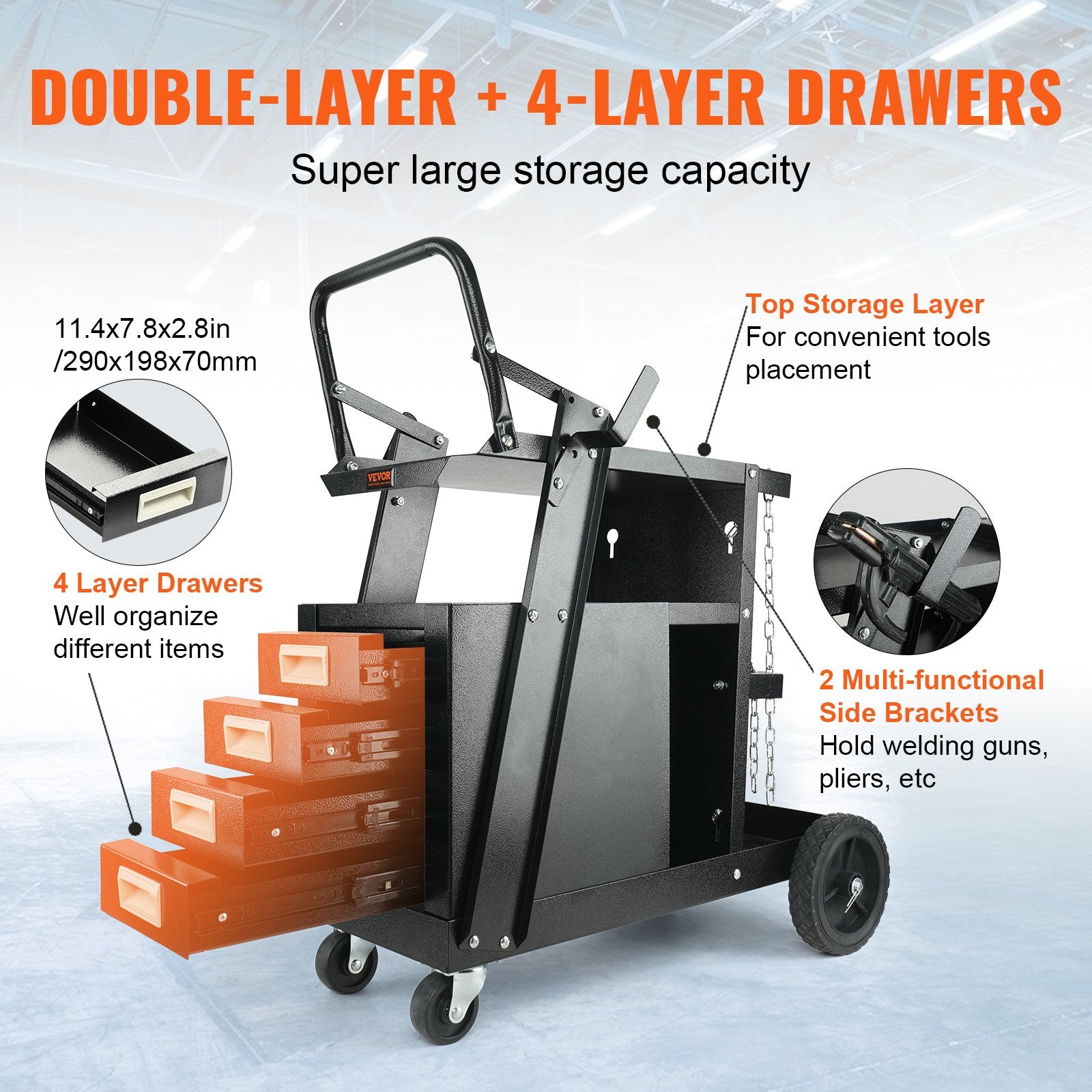 Welding Cart 2-Tier 4-Drawer Heavy-Duty 265lbs Capacity with Swivel Wheels