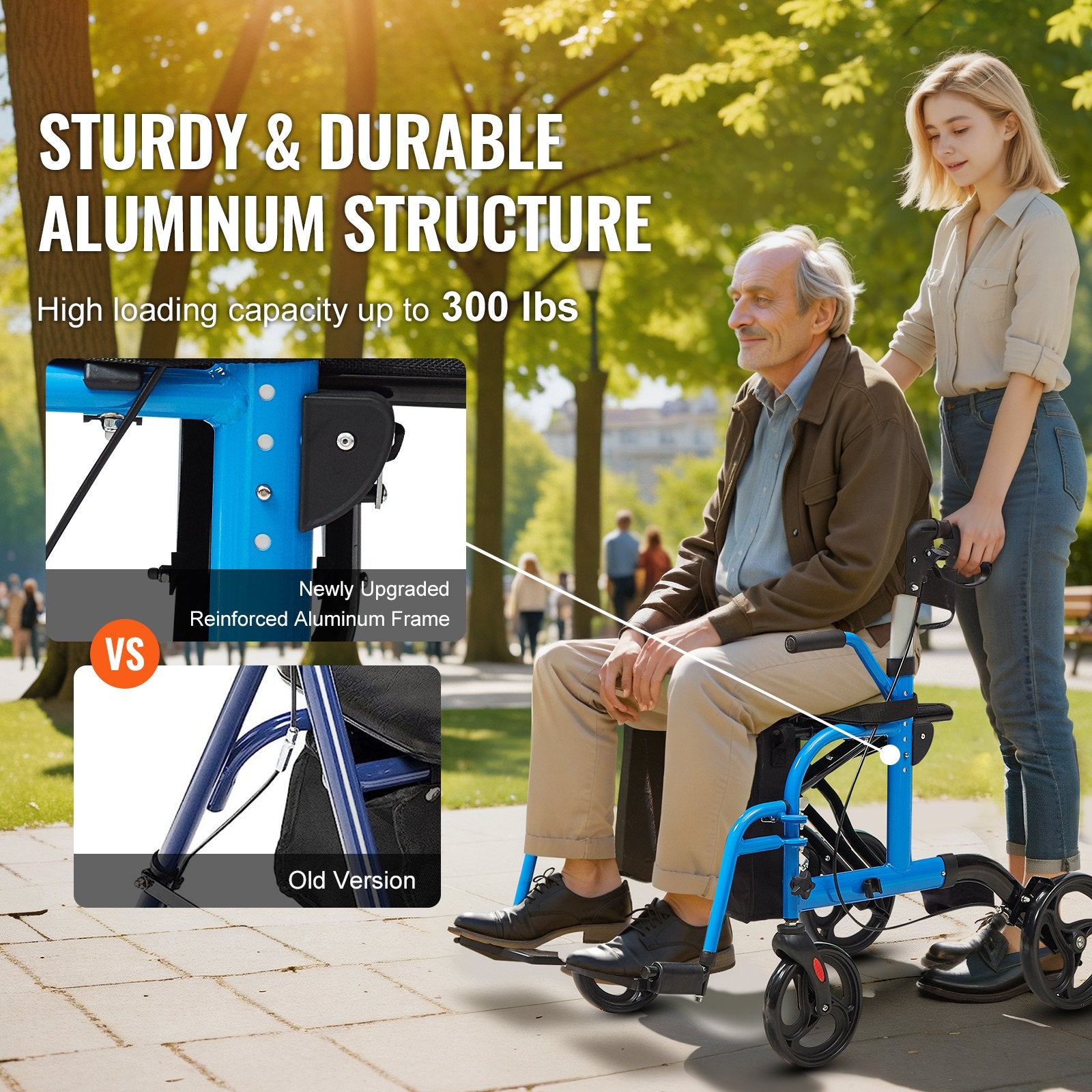 2-in-1 Rollator Walker & Transport Chair Folding Aluminum Mobility Aid