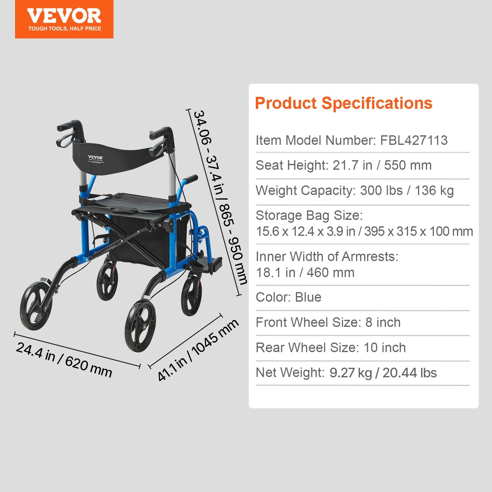 2-in-1 Rollator Walker & Transport Chair Folding Aluminum Mobility Aid
