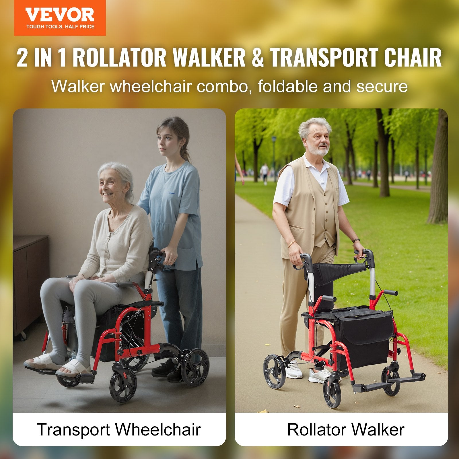 2-in-1 Rollator Walker & Transport Chair Folding Aluminum Mobility Walker