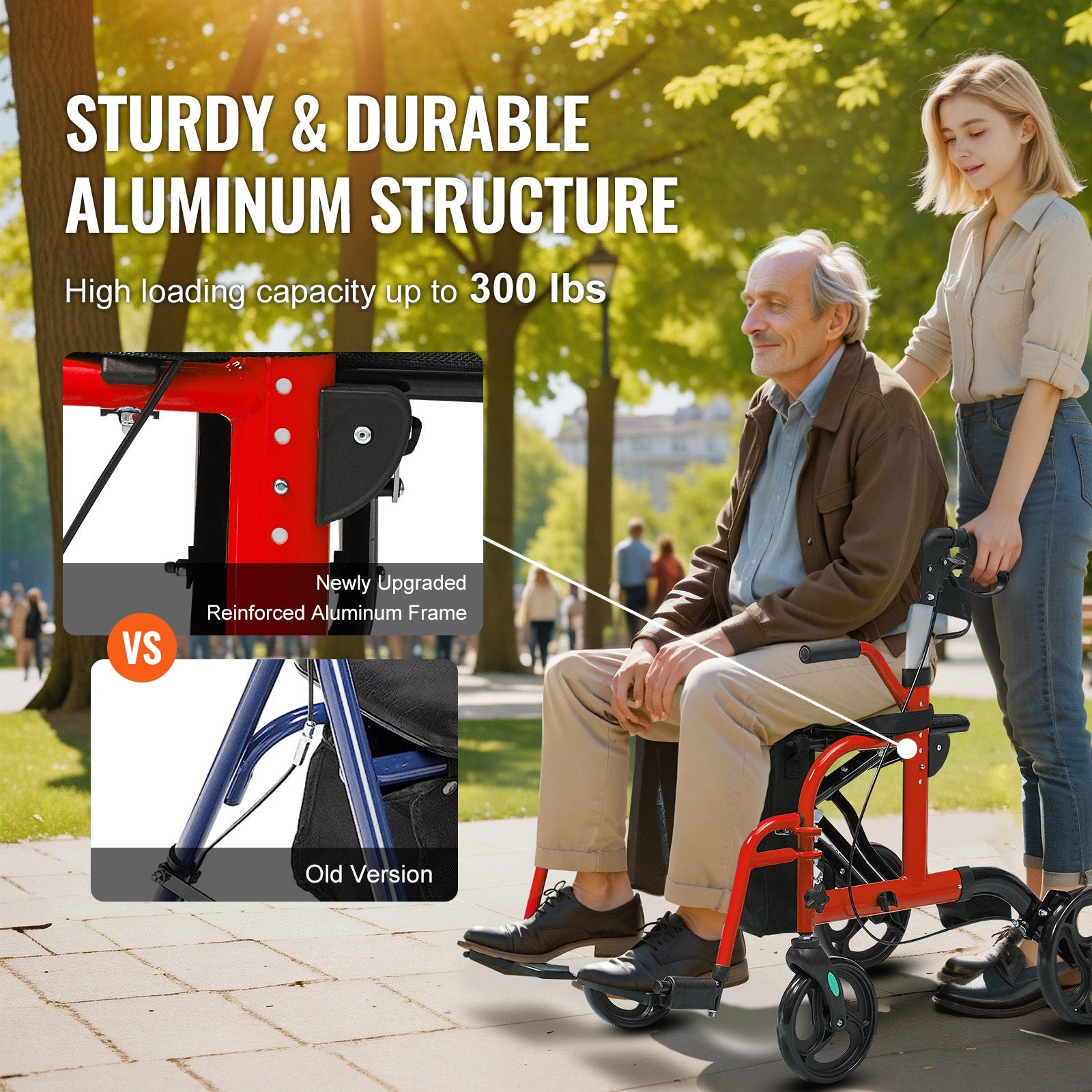 2-in-1 Rollator Walker & Transport Chair Folding Aluminum Mobility Walker