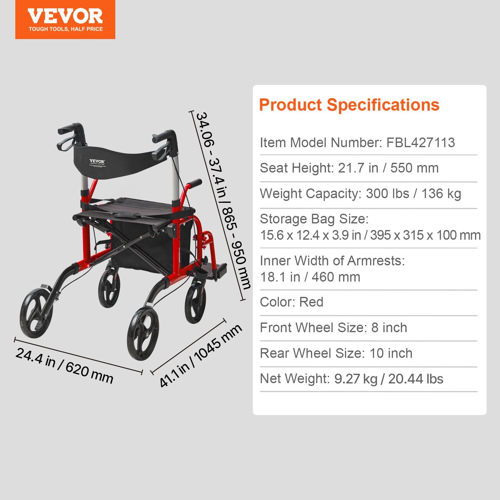 2-in-1 Rollator Walker & Transport Chair Folding Aluminum Mobility Walker