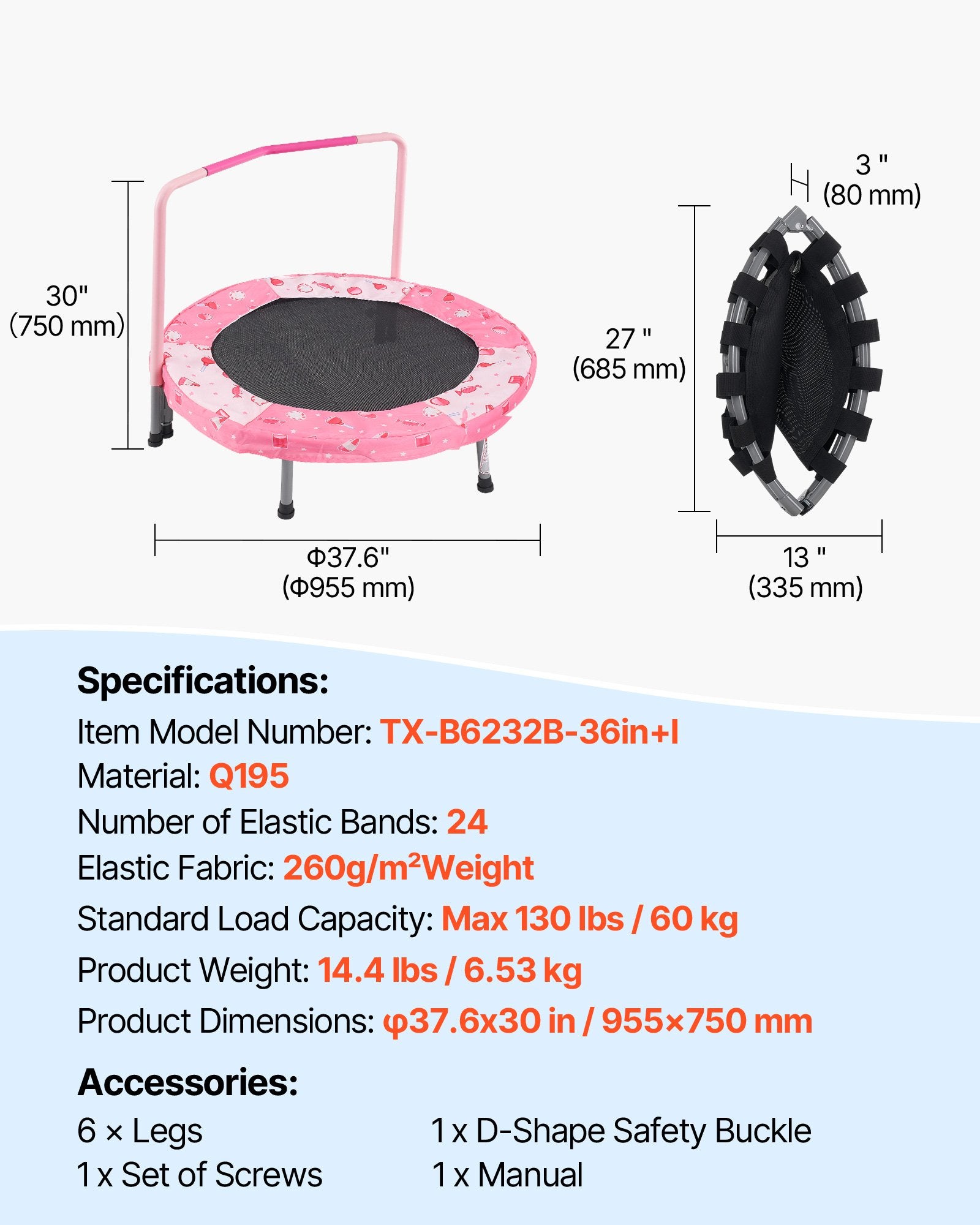 36" Kids Trampoline 3FT Foldable Indoor Outdoor Mini Trampoline with Handle Red