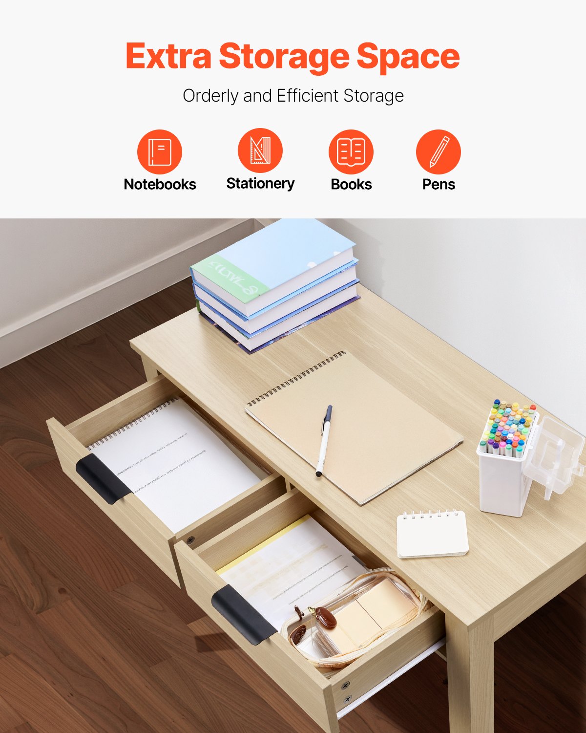 Kids Study Desk with Drawers Modern MDF Writing Table, Light Wood
