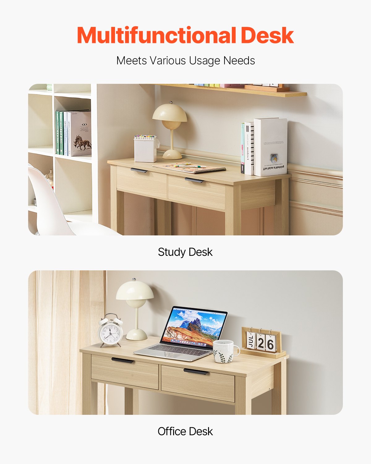 Kids Study Desk with Drawers Modern MDF Writing Table, Light Wood
