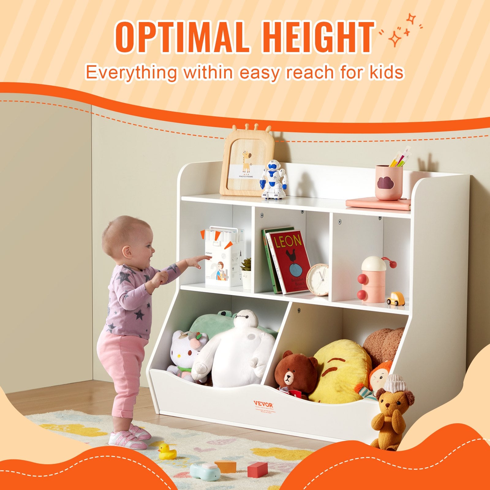 Wood Kid Storage Cubby 5-Cubby Toy Organizer with Bookshelf White for Kids Room