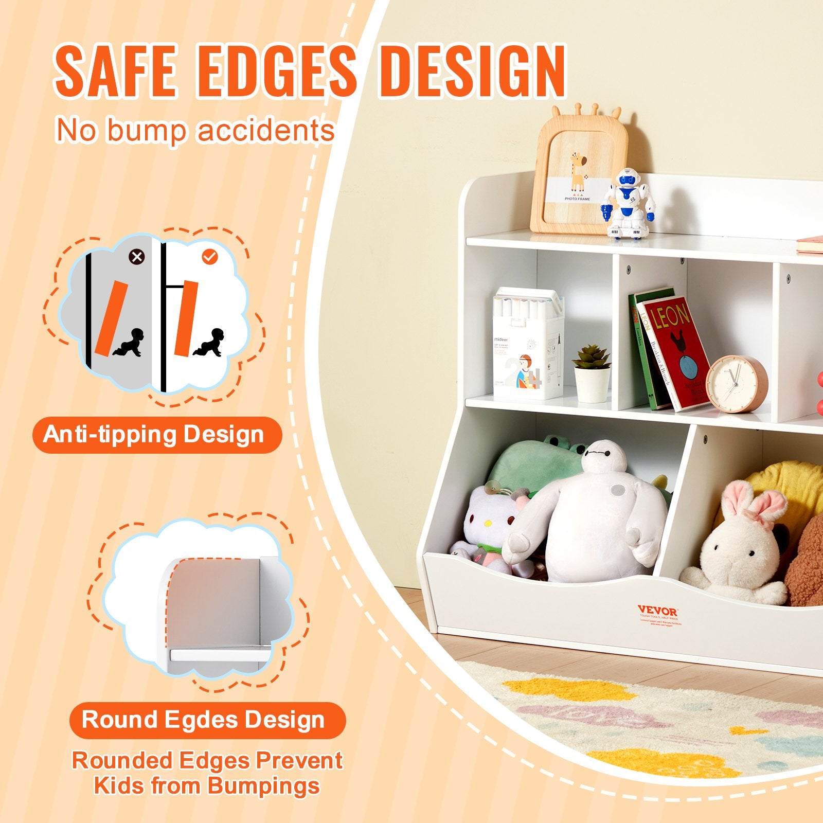 Wood Kid Storage Cubby 5-Cubby Toy Organizer with Bookshelf White for Kids Room