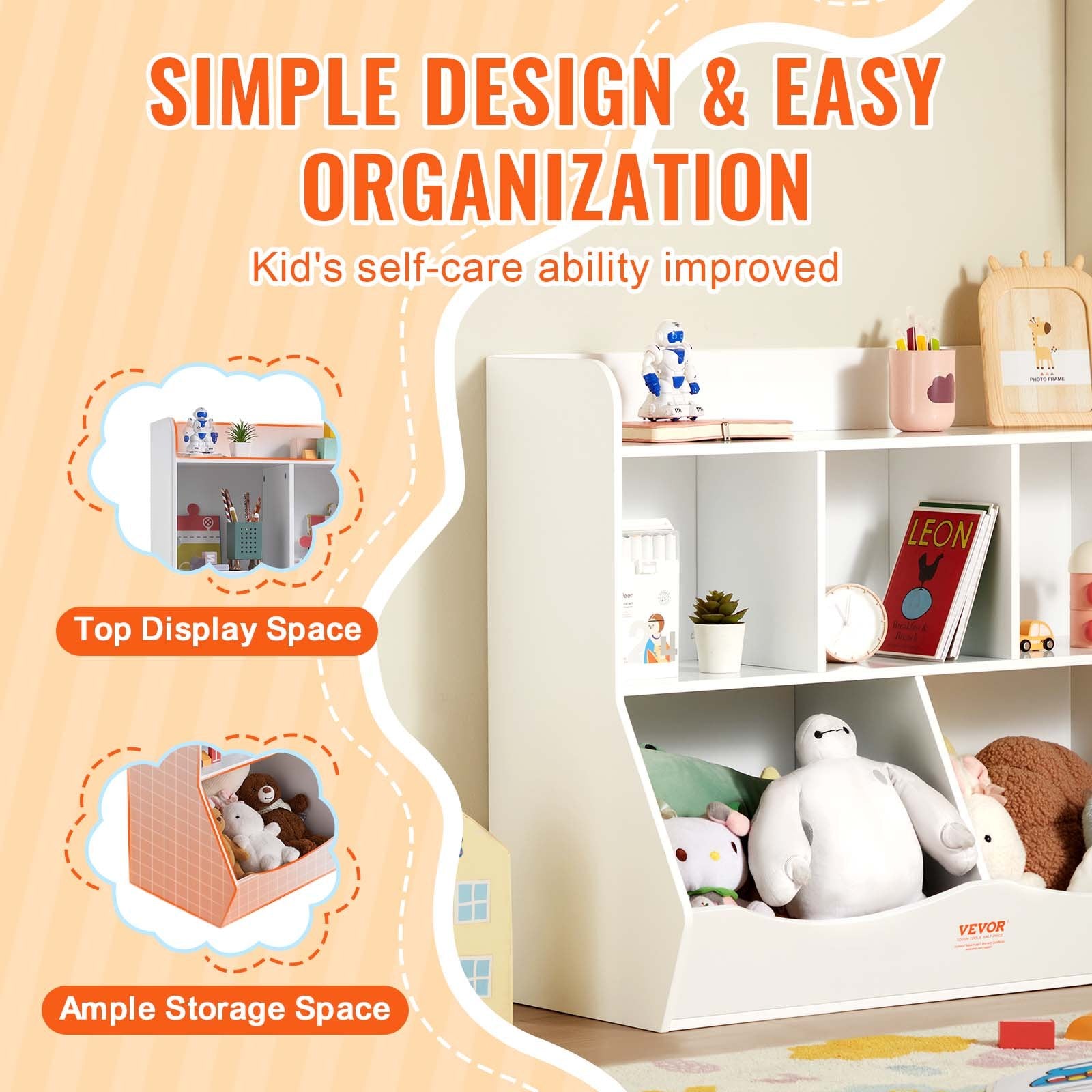 Wood Kid Storage Cubby 5-Cubby Toy Organizer with Bookshelf White for Kids Room