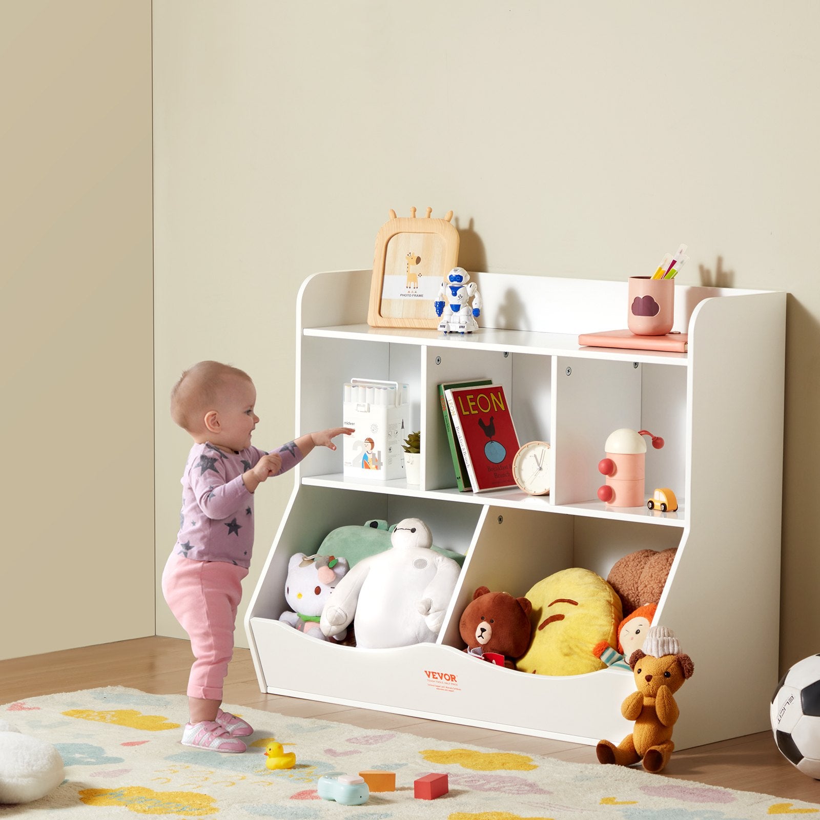 Wood Kid Storage Cubby 5-Cubby Toy Organizer with Bookshelf White for Kids Room