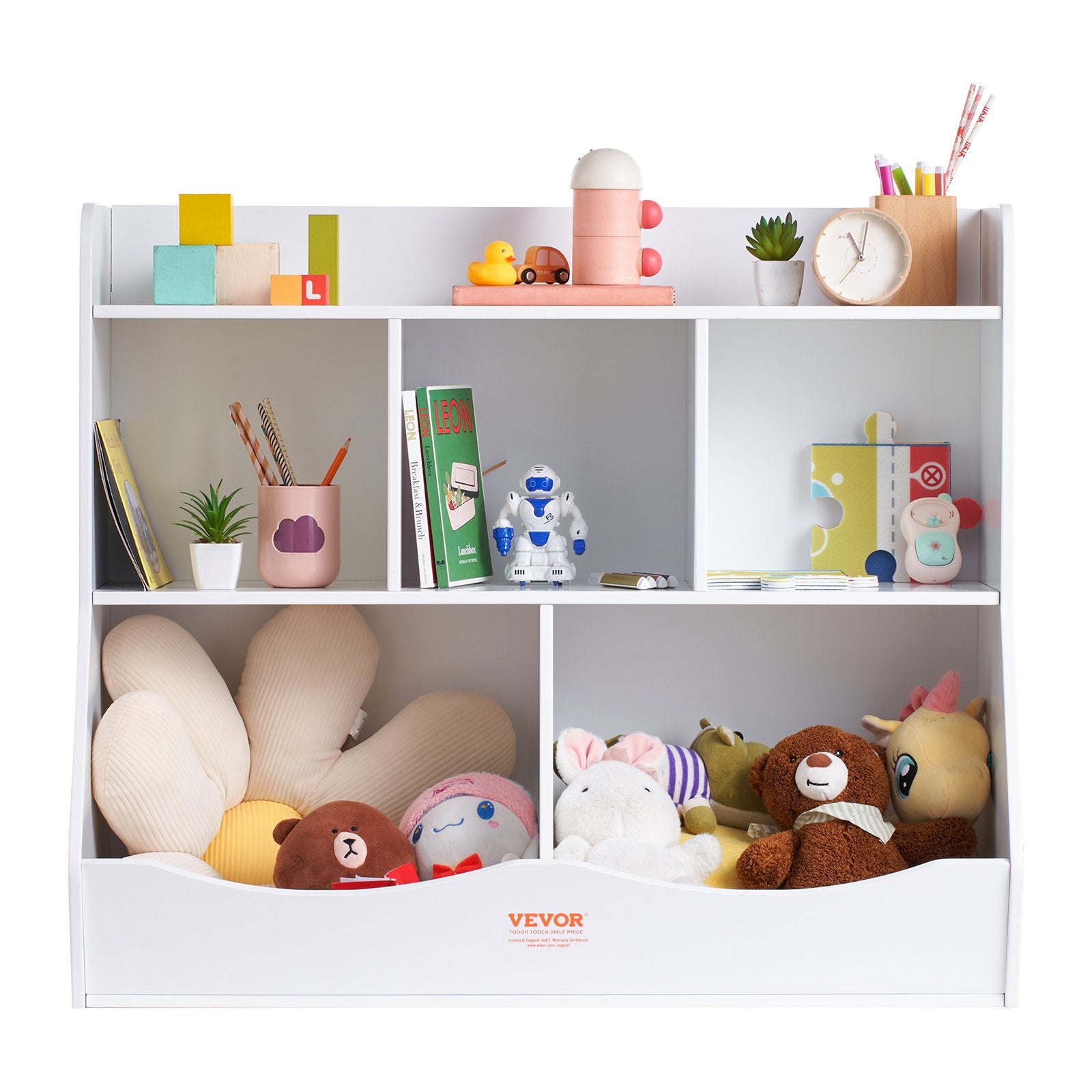 Wood Kid Storage Cubby 5-Cubby Toy Organizer with Bookshelf White for Kids Room