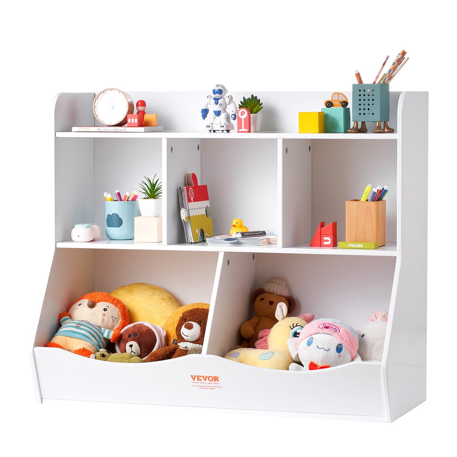 Wood Kid Storage Cubby 5-Cubby Toy Organizer with Bookshelf White for Kids Room